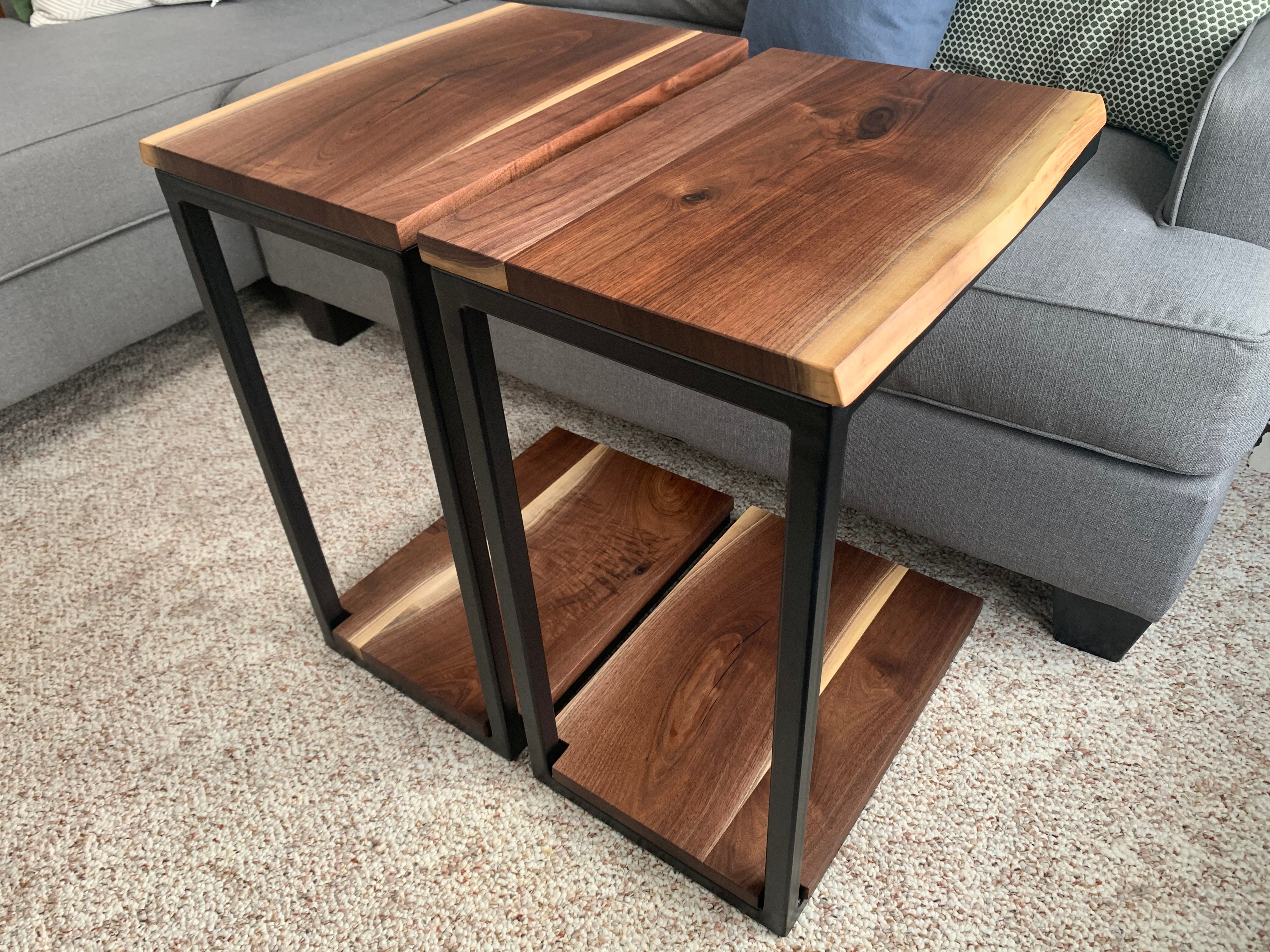 Floor Shelf Live Edge Walnut Wood C Table Handmade Furniture in Iowa, USA