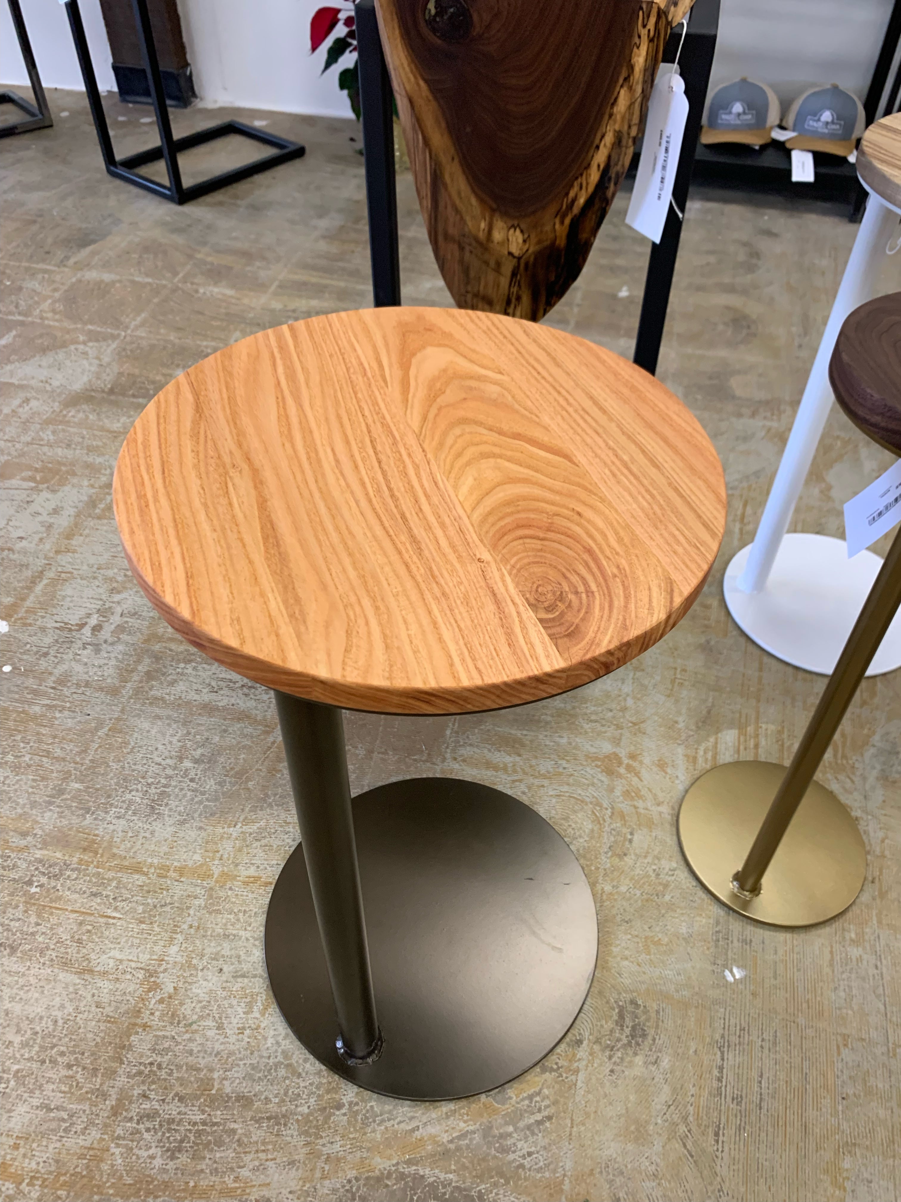 Large Locust Wood Round Industrial Side Table with Bronze Metal Base (in stock) - Hazel Oak Farms