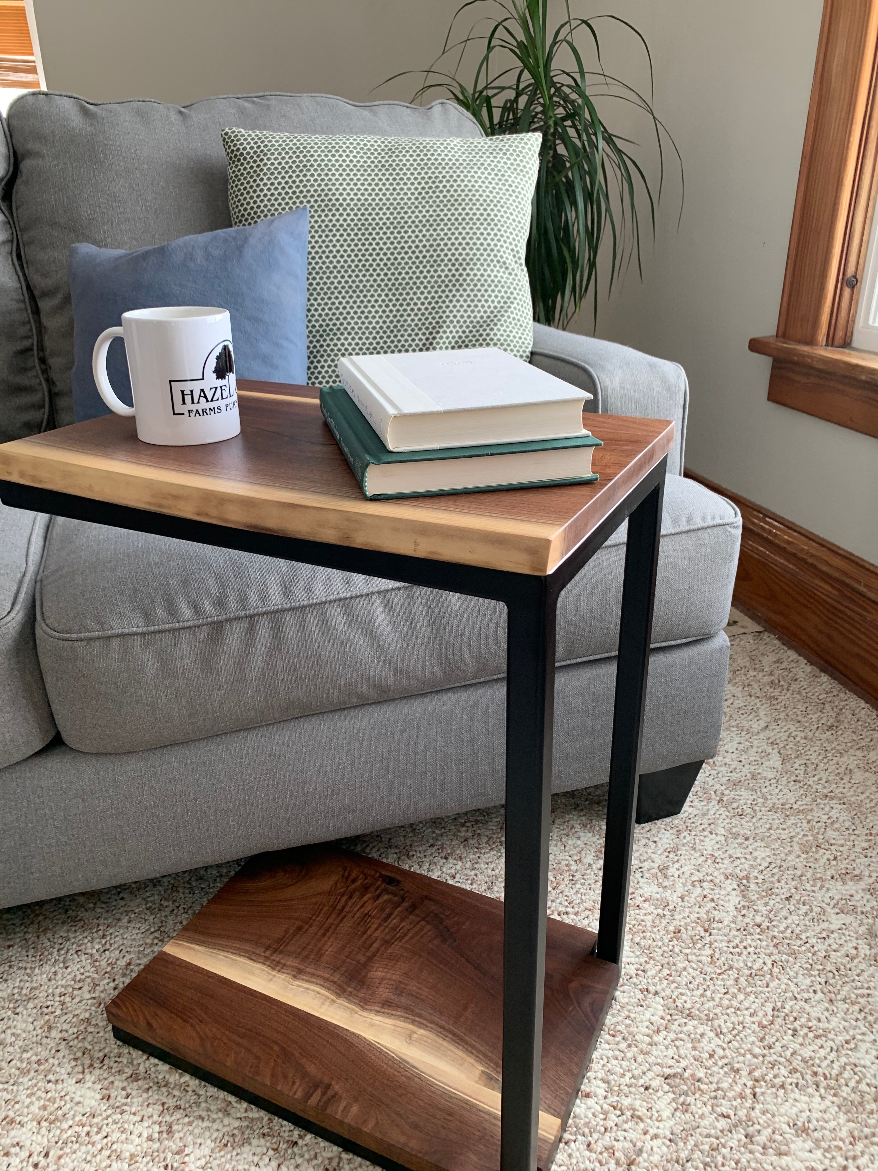 Floor Shelf Live Edge Walnut Wood C Table Handmade Furniture in Iowa, USA