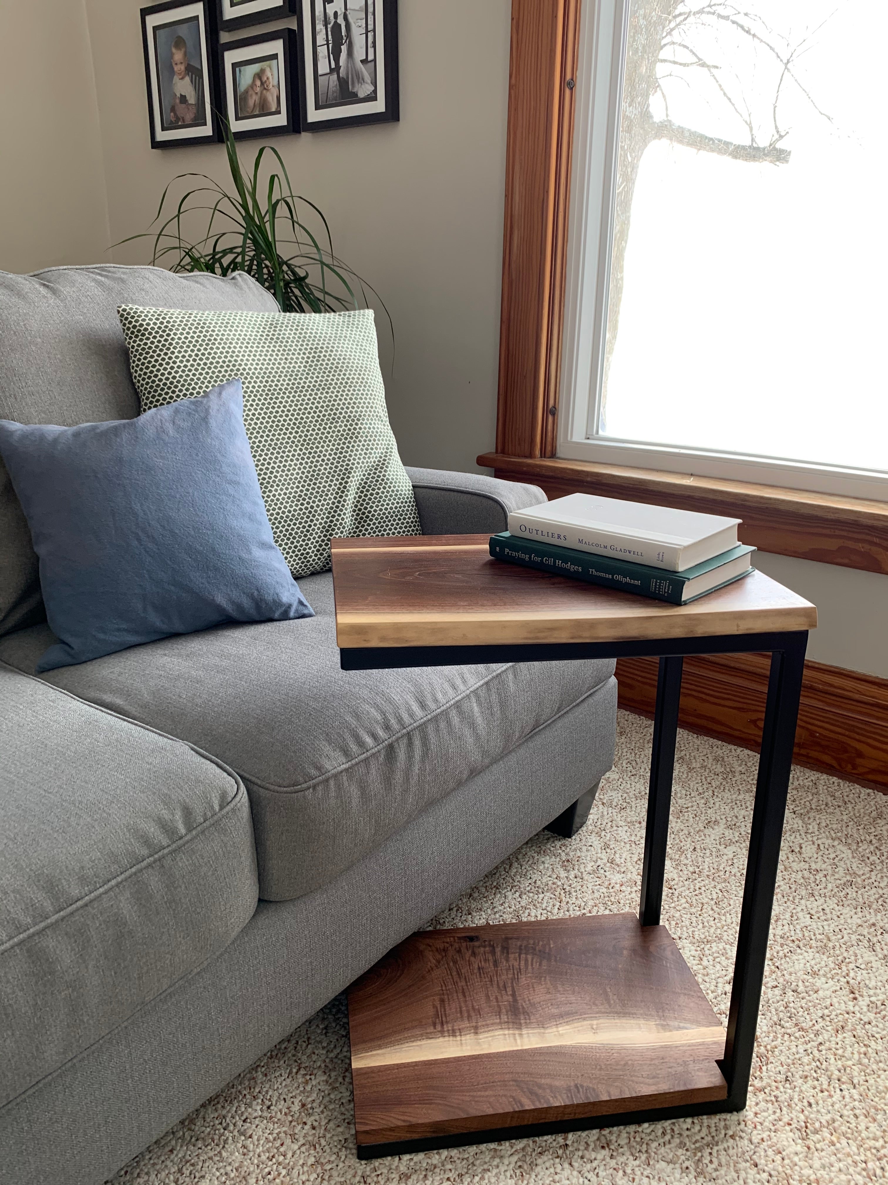 Floor Shelf Live Edge Walnut Wood C Table Handmade Furniture in Iowa, USA