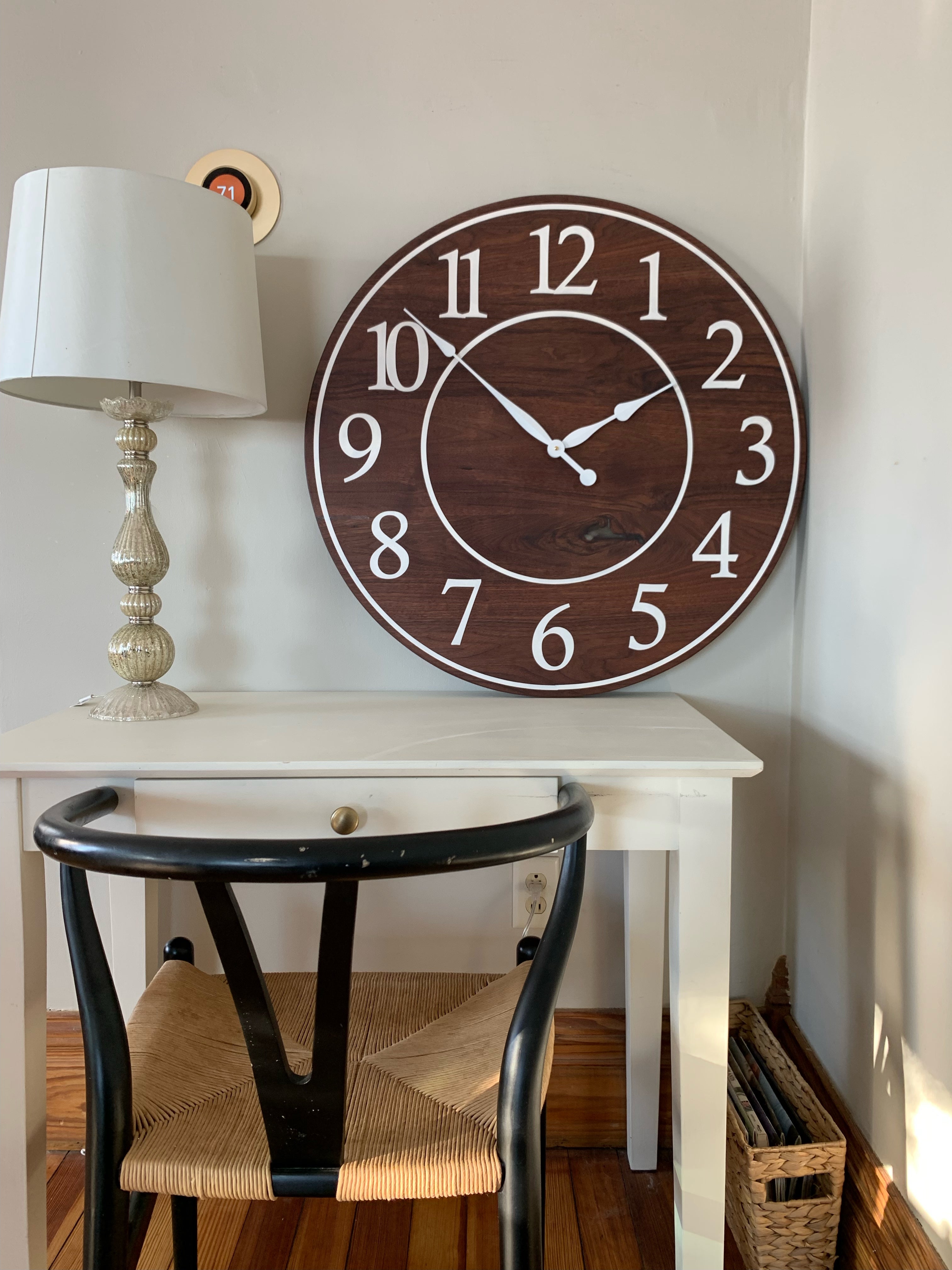 Solid Clear Walnut 30" Wall Clock with White Lines and Numbers (in stock) - Hazel Oak Farms