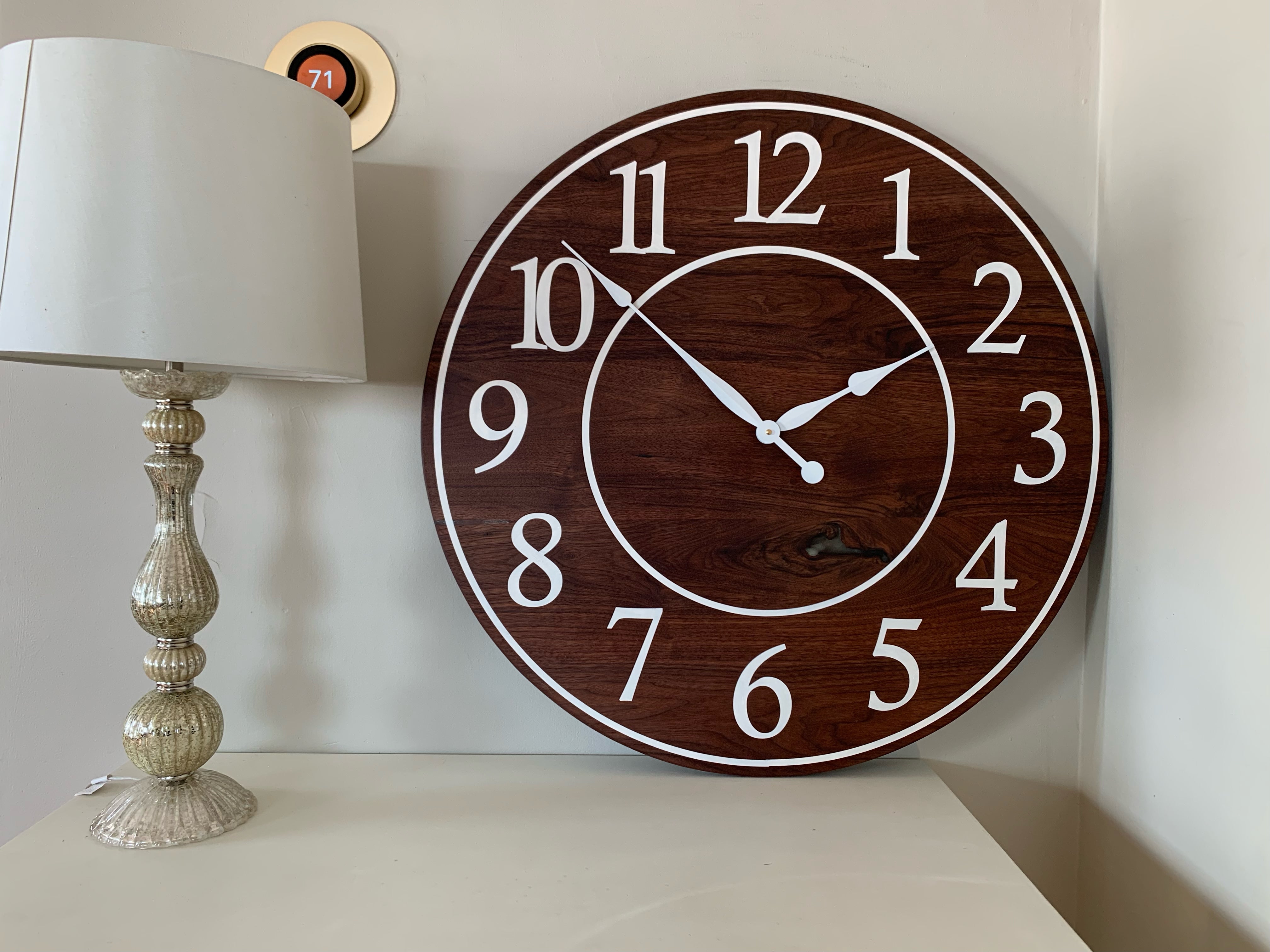 Solid Clear Walnut 30&quot; Wall Clock with White Lines and Numbers (in stock) - Hazel Oak Farms