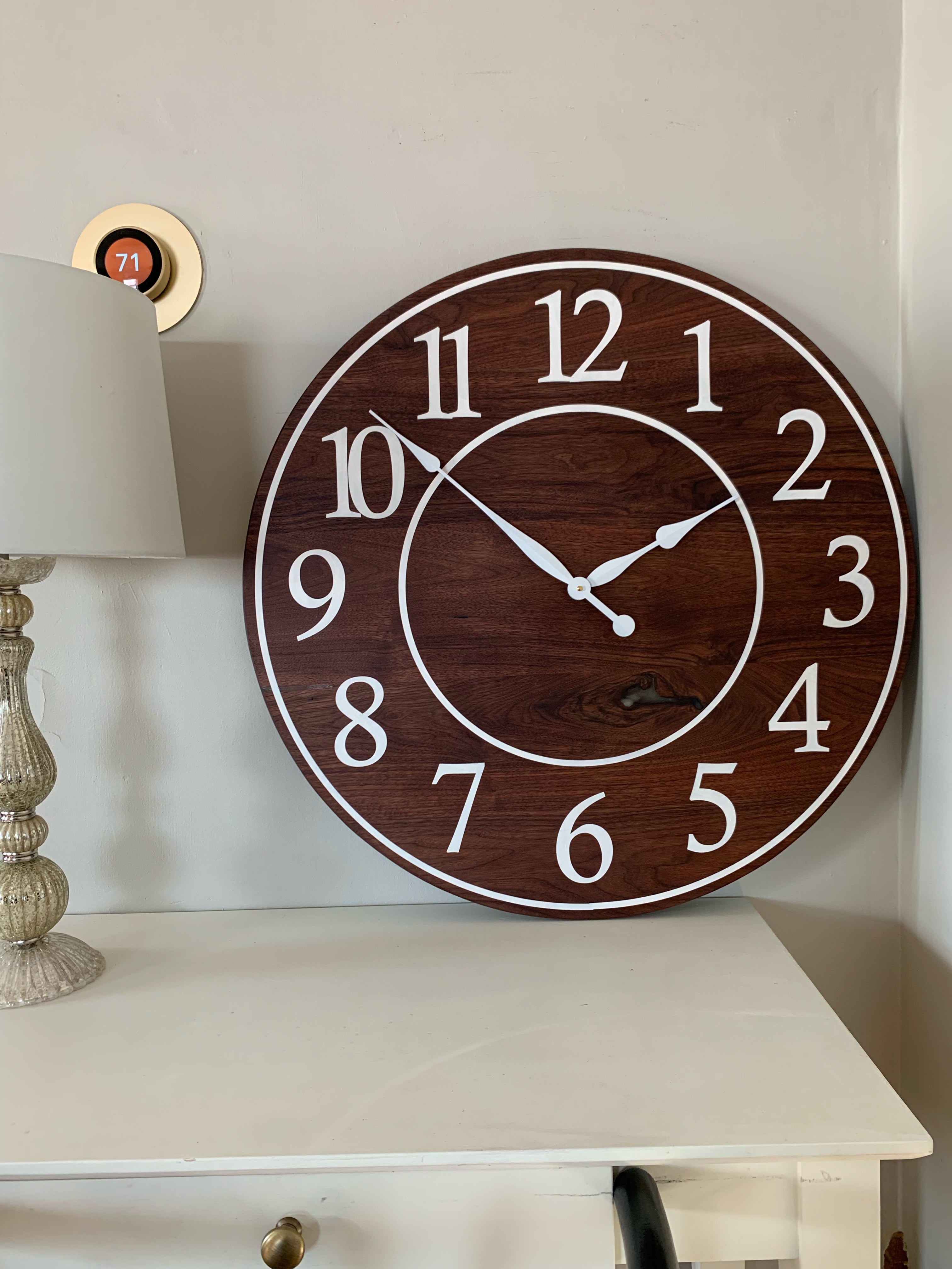 Solid Clear Walnut 30&quot; Wall Clock with White Lines and Numbers (in stock) - Hazel Oak Farms