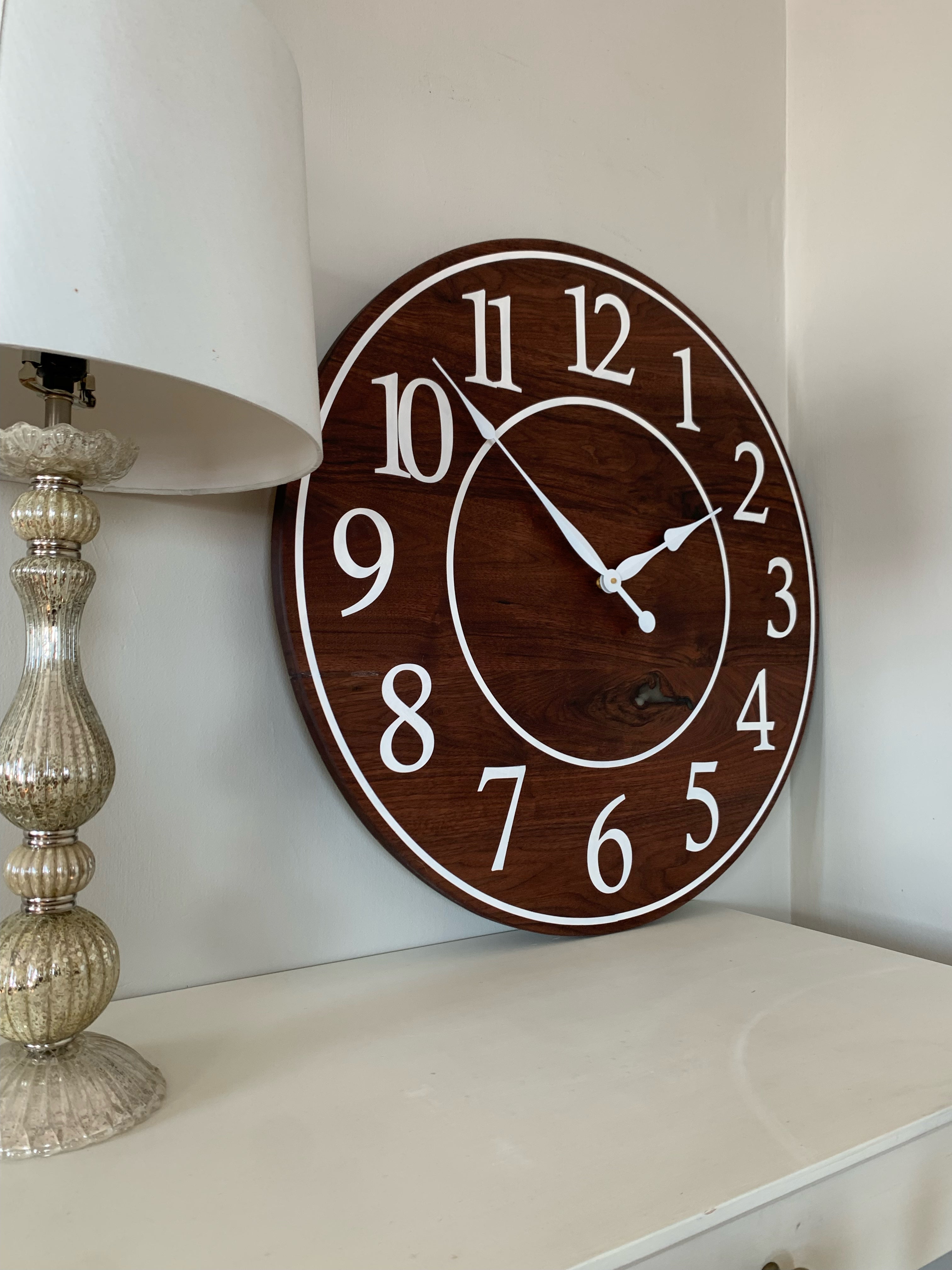 Solid Clear Walnut 30" Wall Clock with White Lines and Numbers (in stock) - Hazel Oak Farms