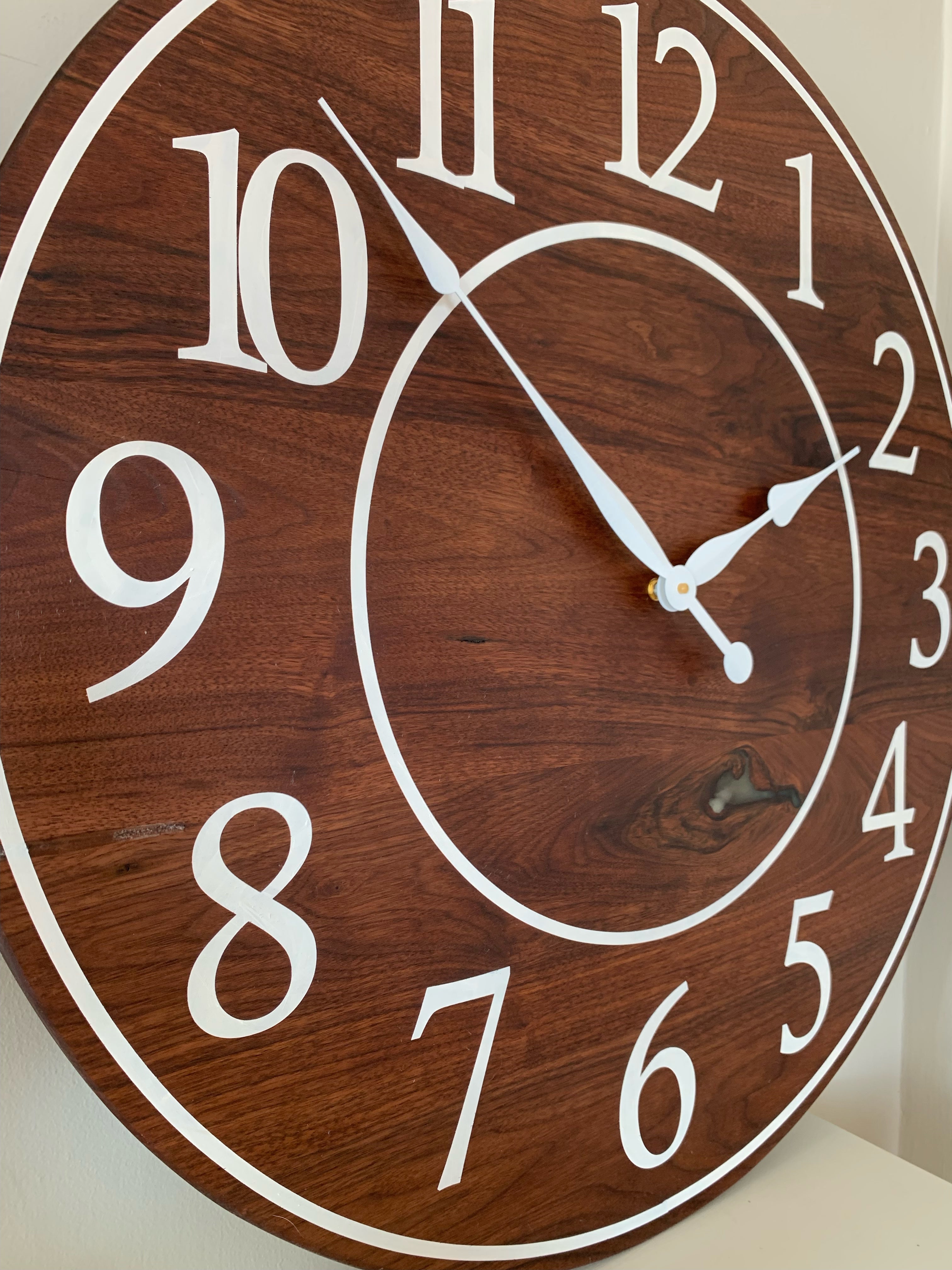 Solid Clear Walnut 30&quot; Wall Clock with White Lines and Numbers (in stock) - Hazel Oak Farms