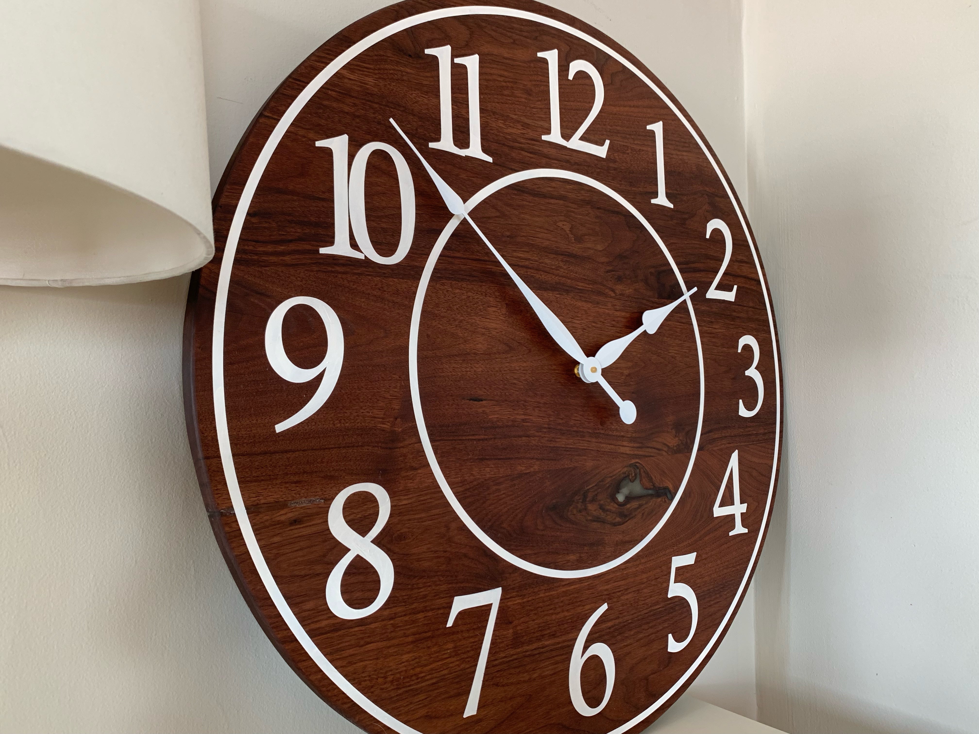 Solid Clear Walnut 30&quot; Wall Clock with White Lines and Numbers (in stock) - Hazel Oak Farms