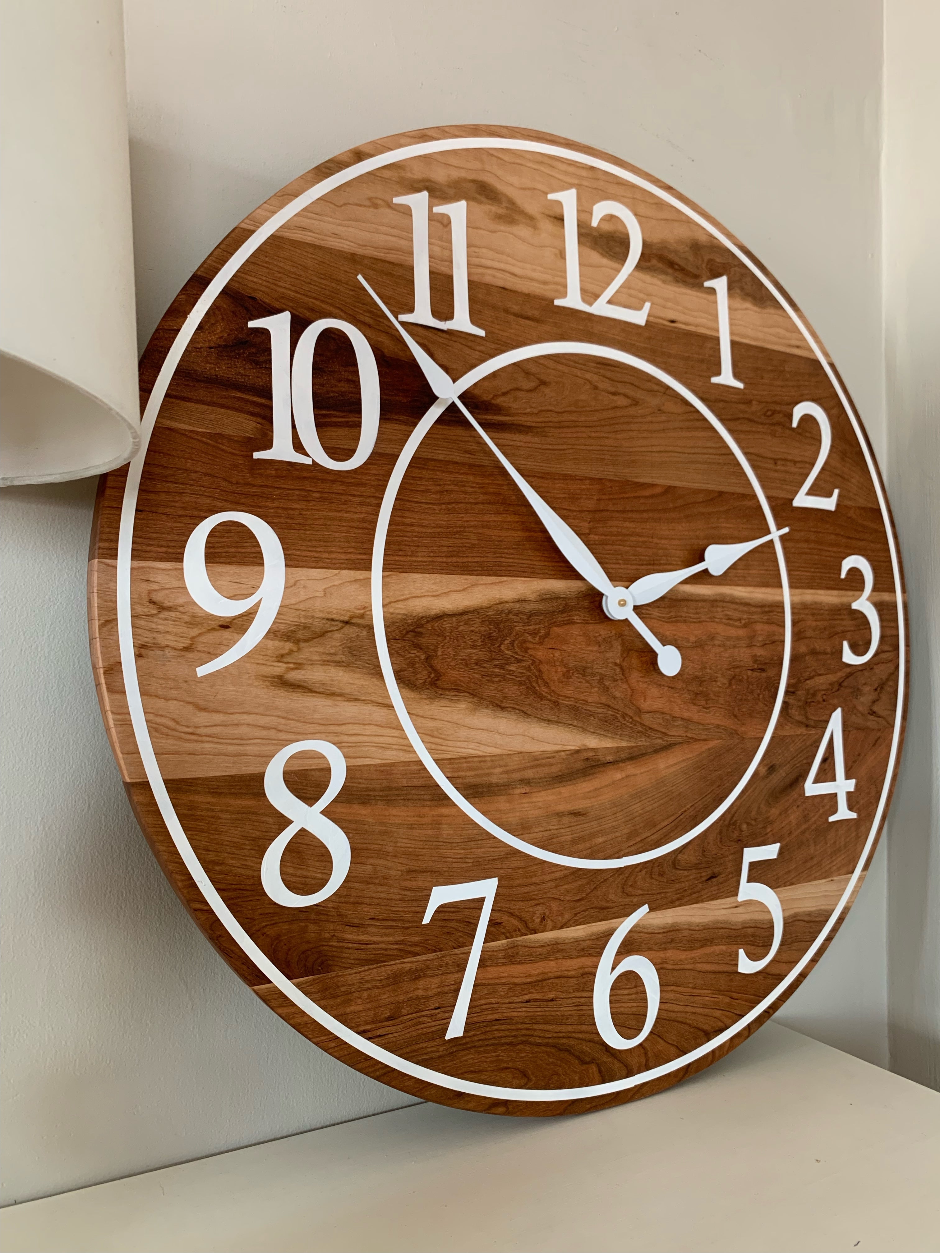 Large Sappy 30" Solid Cherry Hardwood Wall Clock with White Numbers (in stock) - Hazel Oak Farms