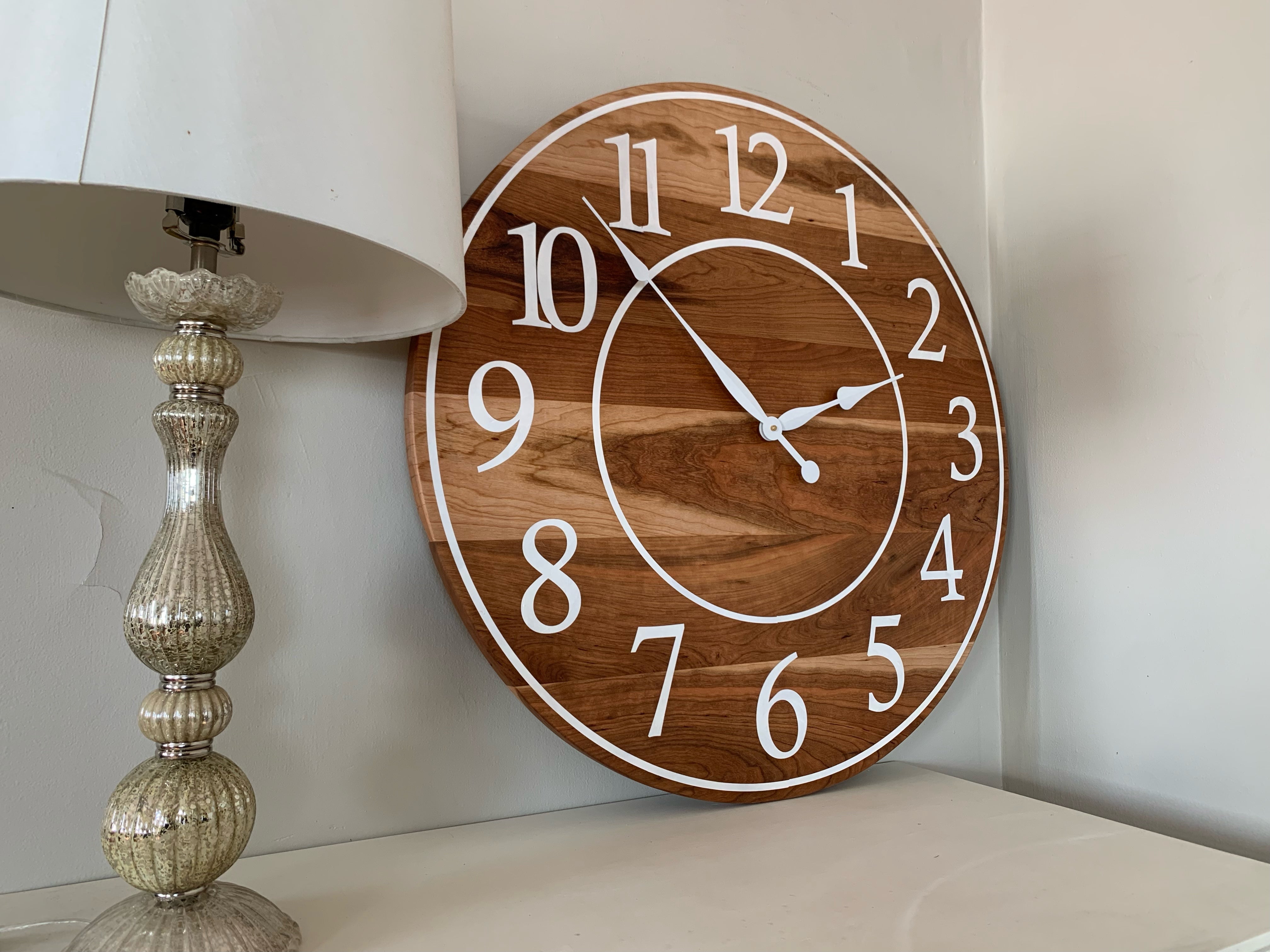 Large Sappy 30&quot; Solid Cherry Hardwood Wall Clock with White Numbers (in stock) - Hazel Oak Farms