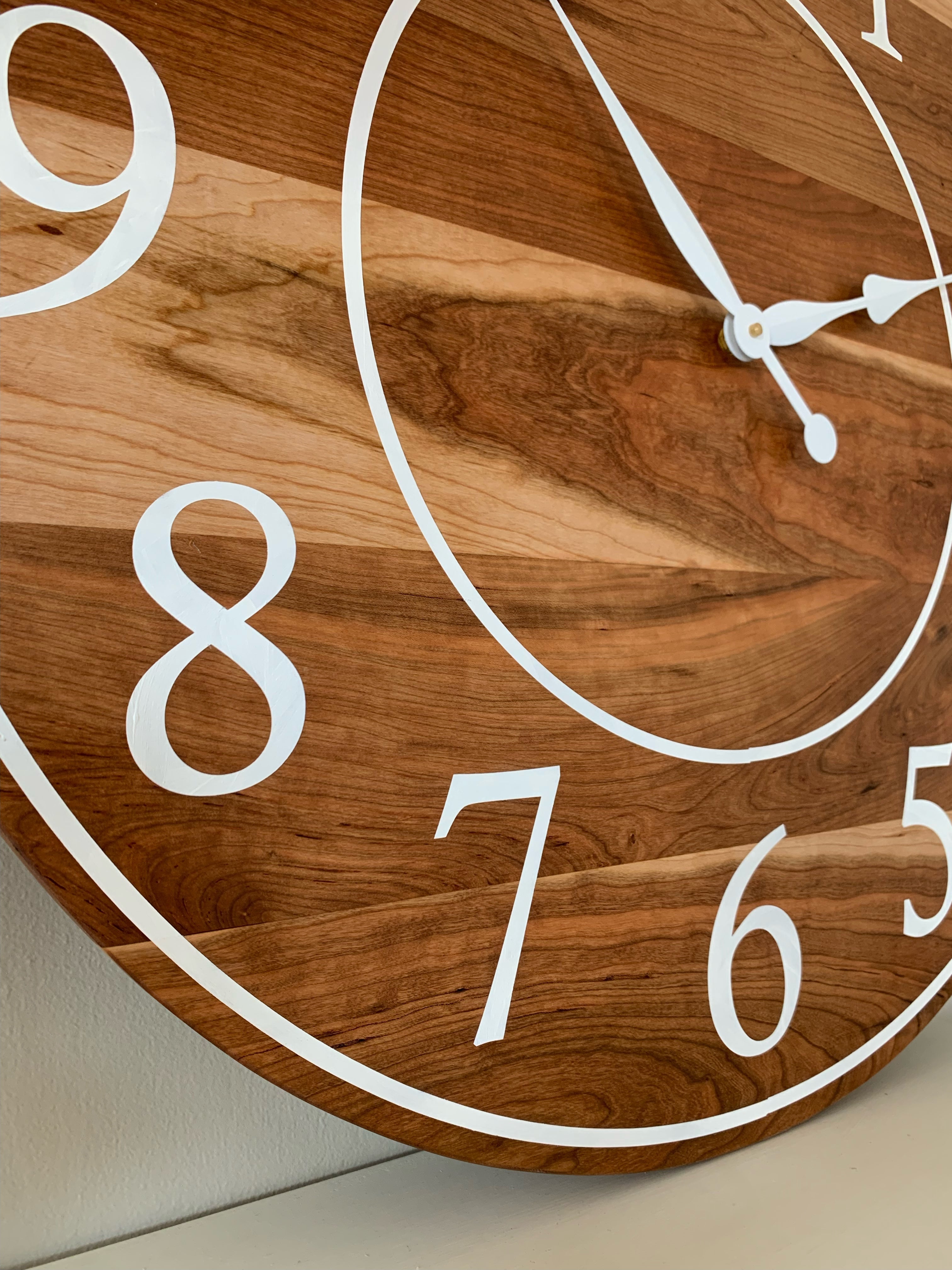 Large Sappy 30" Solid Cherry Hardwood Wall Clock with White Numbers (in stock) - Hazel Oak Farms