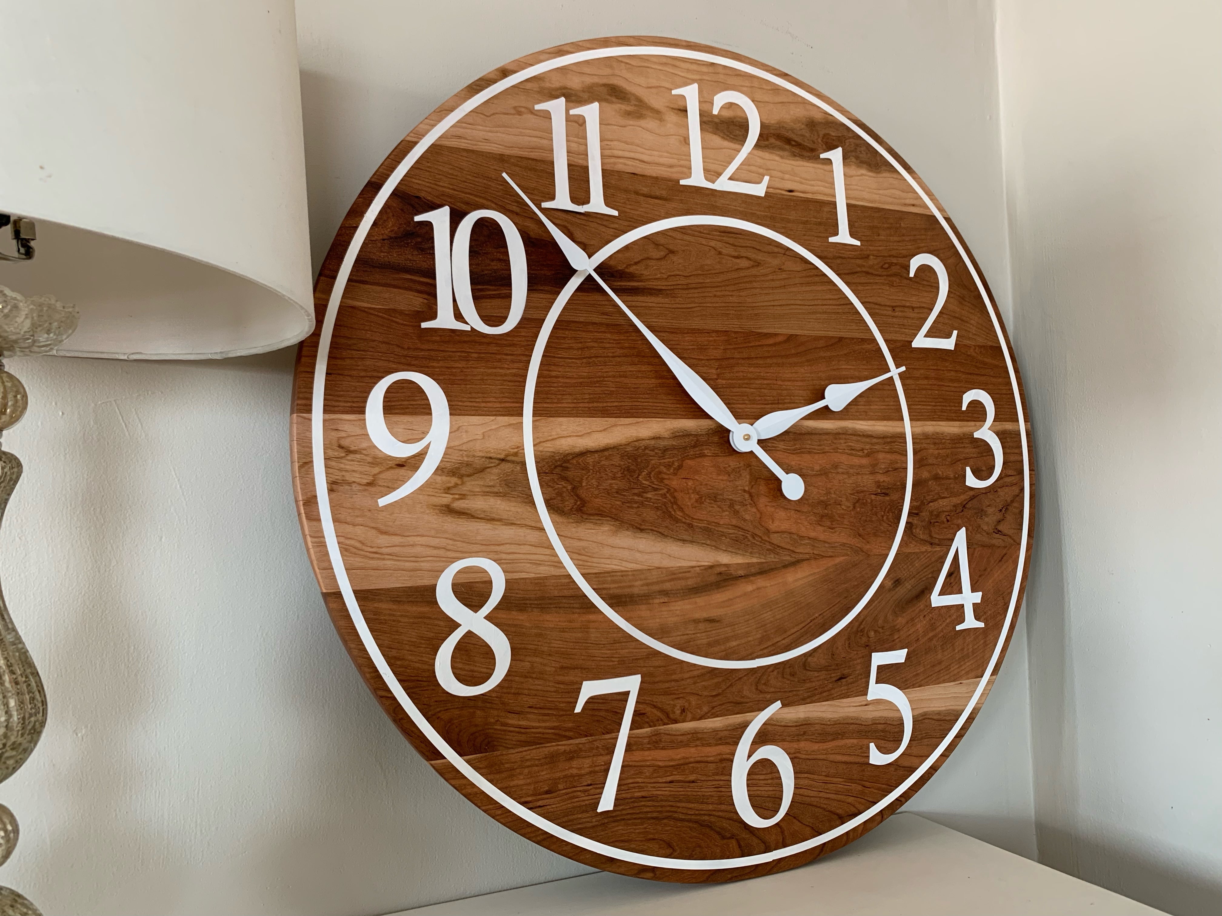 Large Sappy 30" Solid Cherry Hardwood Wall Clock with White Numbers (in stock) - Hazel Oak Farms