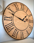 Large Flat Sawn White Oak Wall Clock with Black Roman Numerals - Hazel Oak Farms Handmade Furniture in Iowa, USA