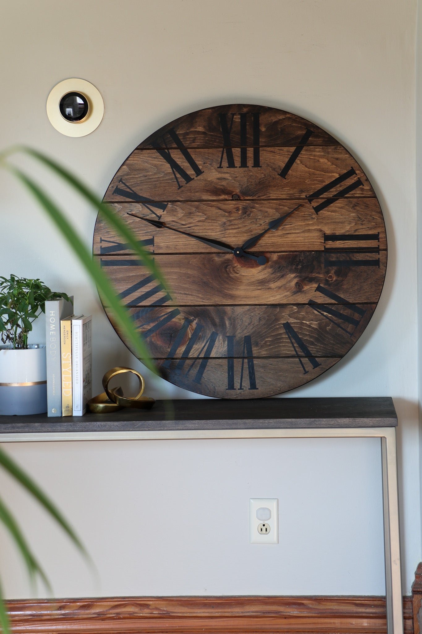 Dark Stained Large Farmhouse Wall Clock with Black Roman Numerals Handmade Furniture in Iowa, USA