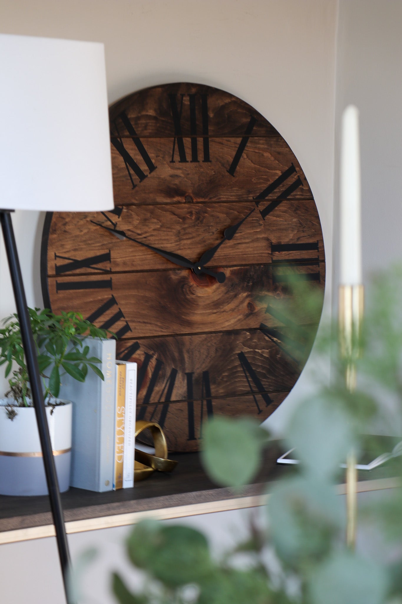 Dark Stained Large Farmhouse Wall Clock with Black Roman Numerals Handmade Furniture in Iowa, USA