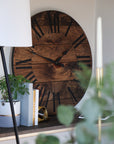 Dark Stained Large Farmhouse Wall Clock with Black Roman Numerals Handmade Furniture in Iowa, USA