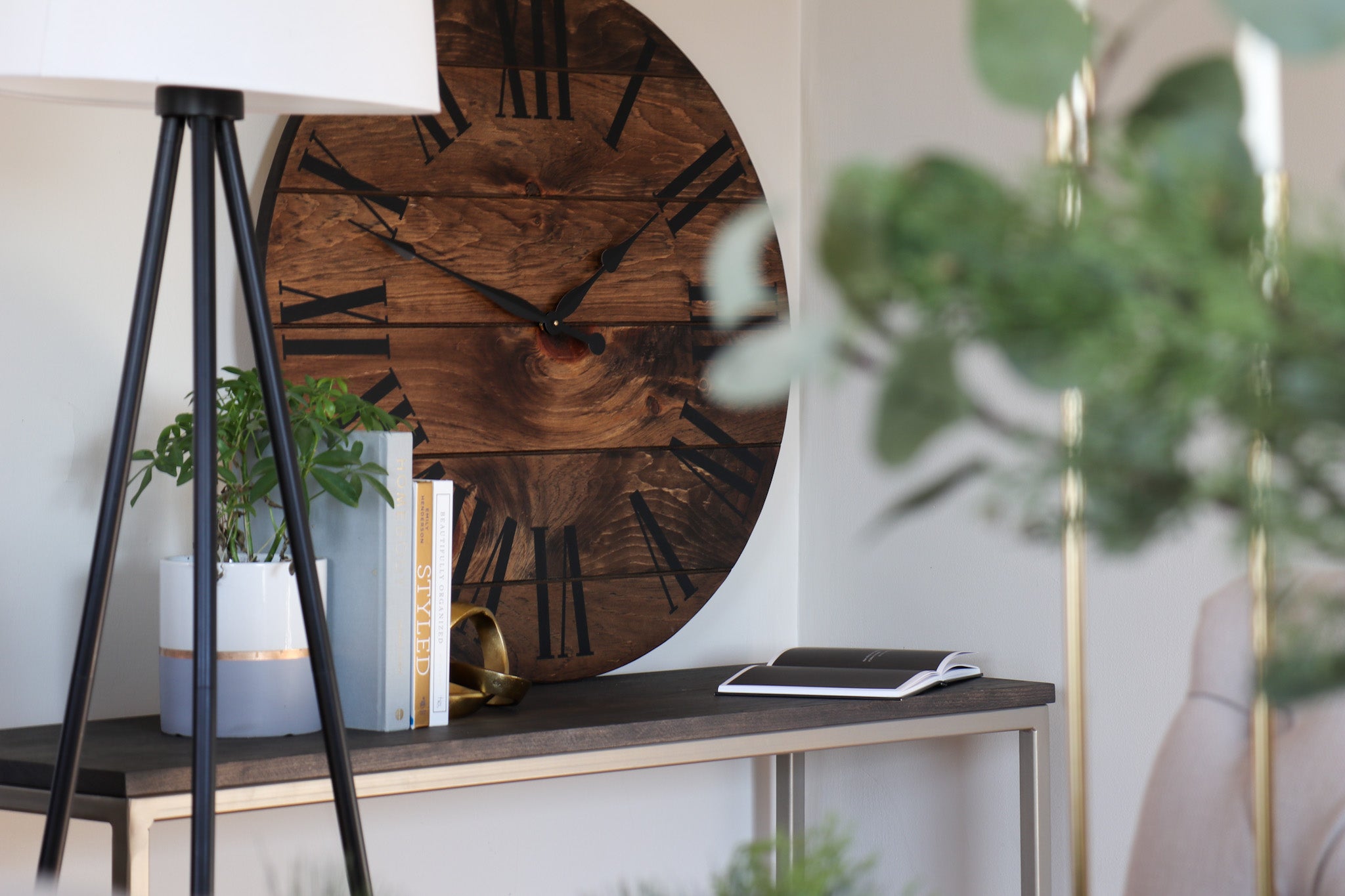 Dark Stained Large Farmhouse Wall Clock with Black Roman Numerals Handmade Furniture in Iowa, USA