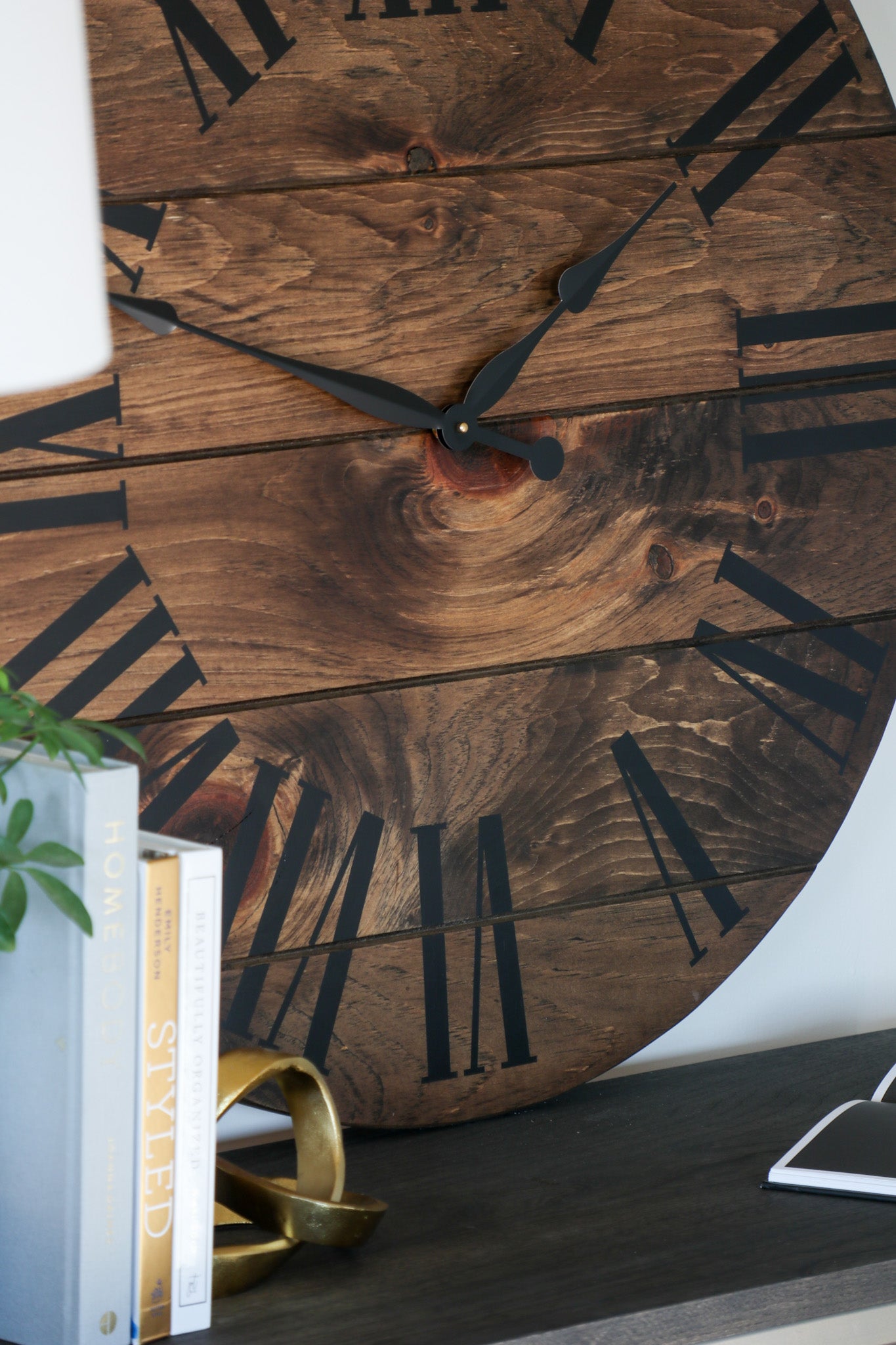 Dark Stained Large Farmhouse Wall Clock with Black Roman Numerals Handmade Furniture in Iowa, USA