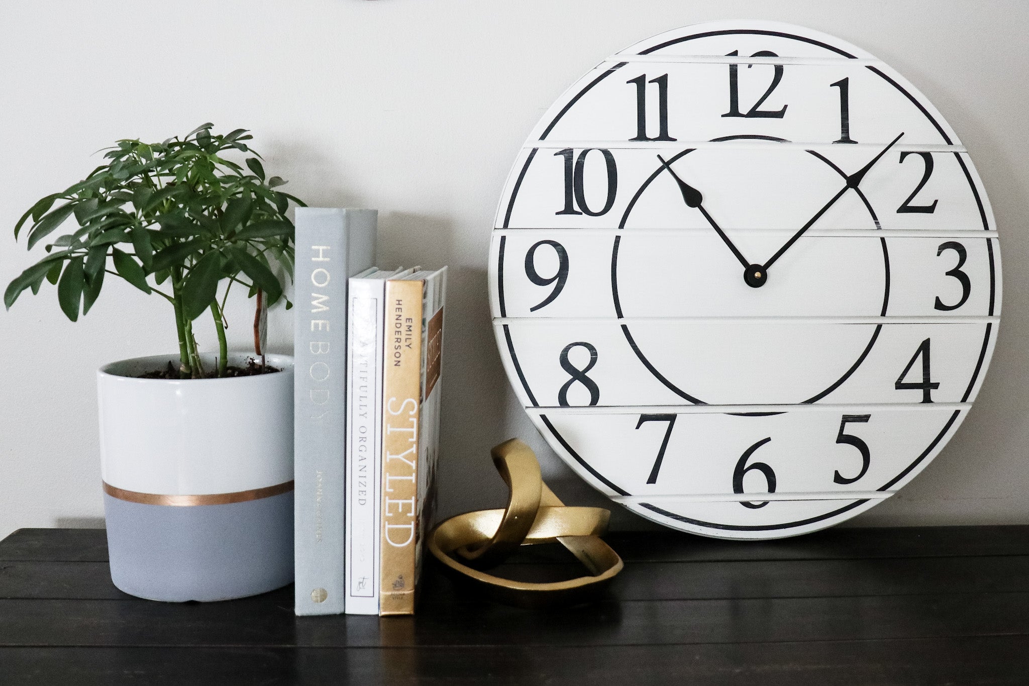 White Lightly Distressed Large Wall Clock with Black Numbers (in stock)