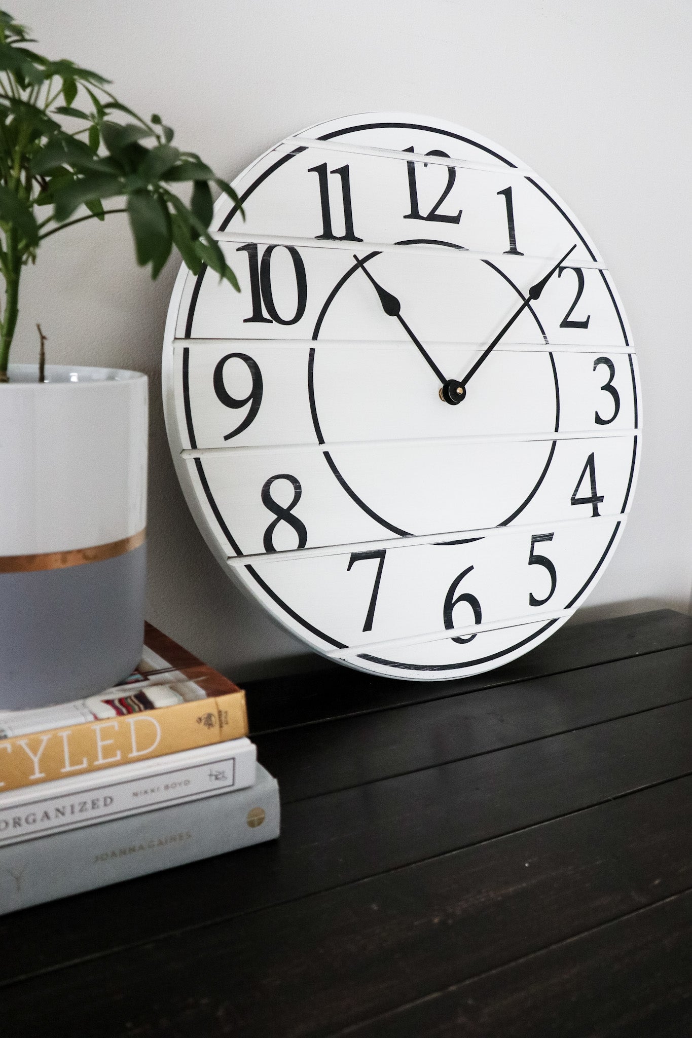 White Lightly Distressed Large Wall Clock with Black Numbers (in stock)