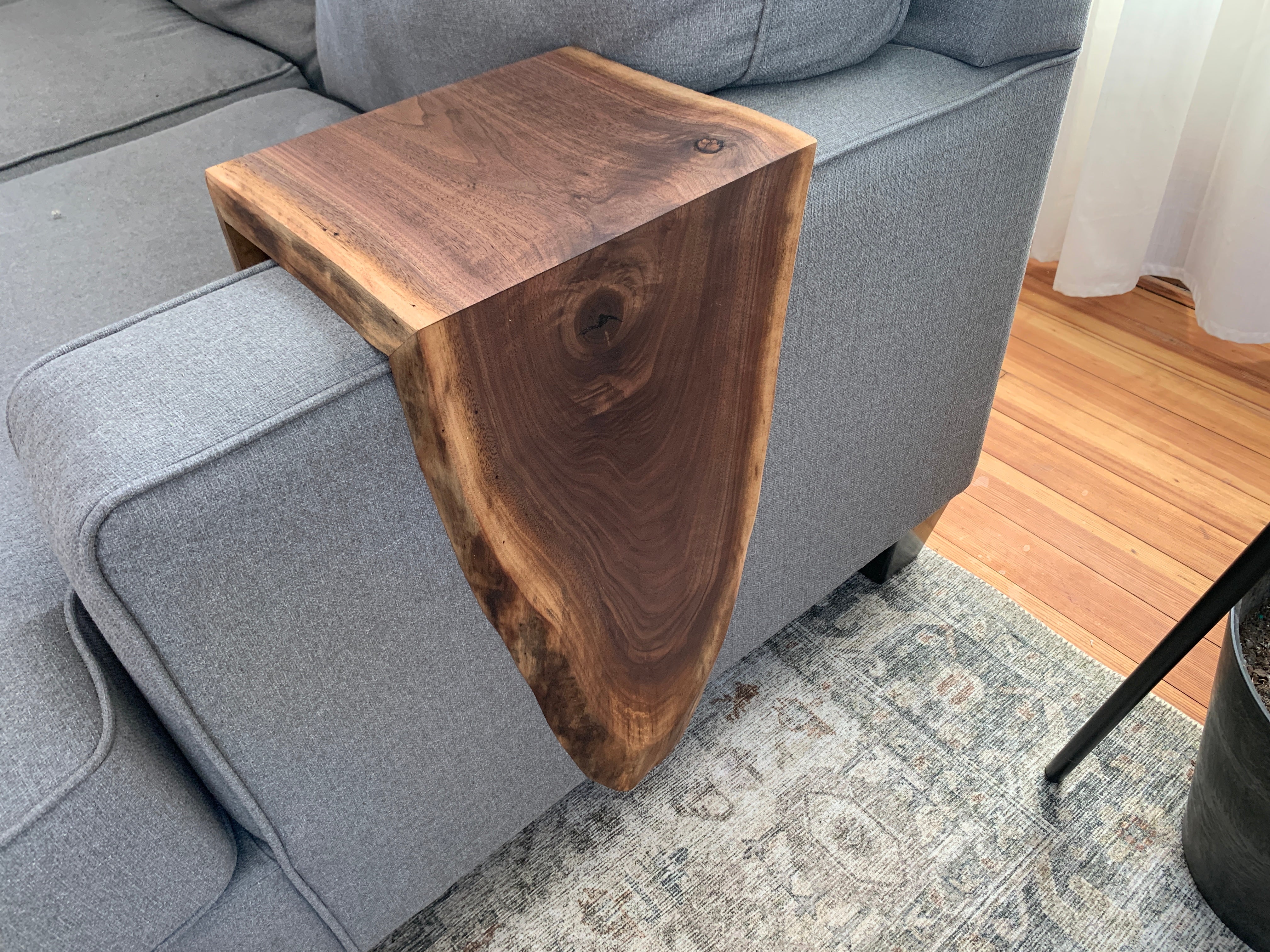 Extra Long Round Armrest Walnut Waterfall Sofa Table - To the Floor