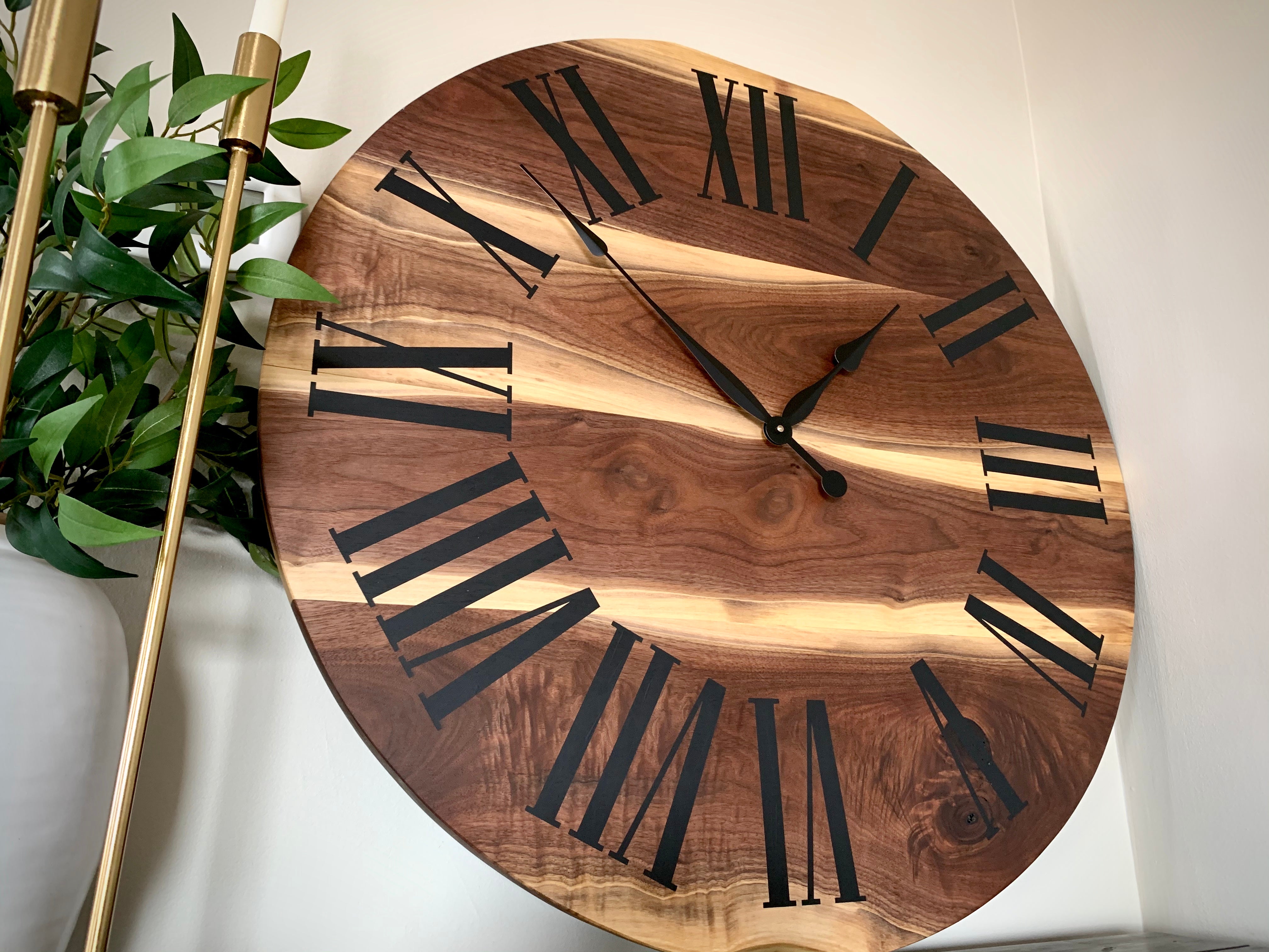 Live Edge Black Walnut Wall Clock with Black Roman Numerals