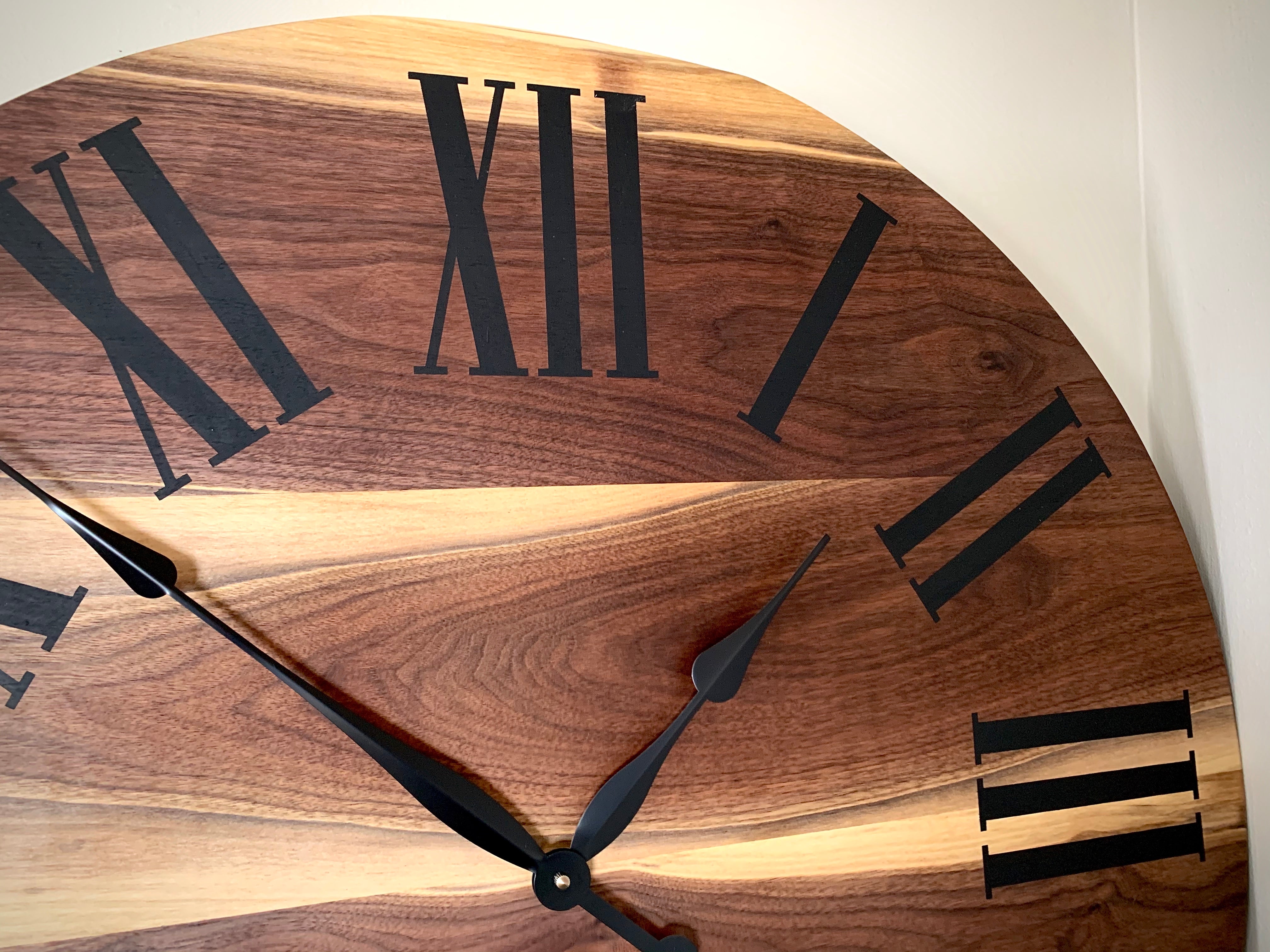 Live Edge Black Walnut Wall Clock with Black Roman Numerals