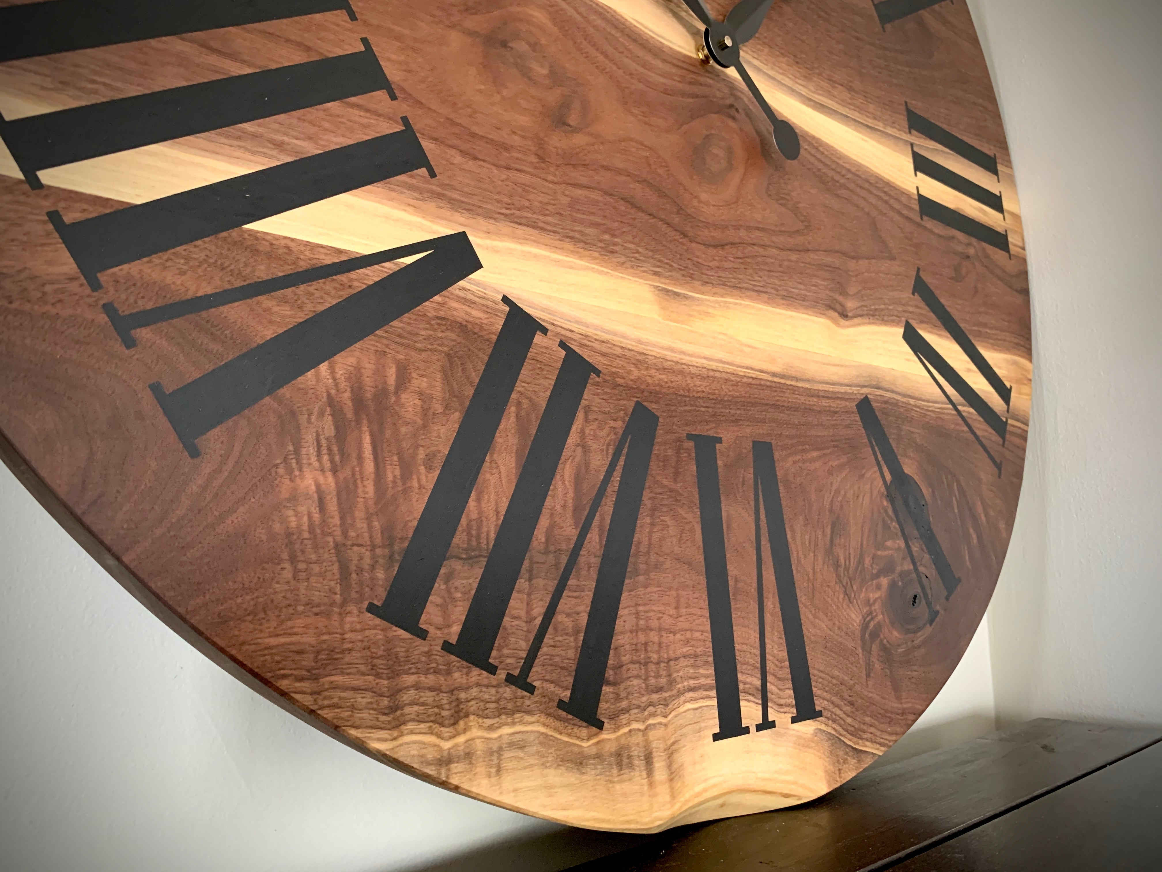 Live Edge Black Walnut Wall Clock with Black Roman Numerals