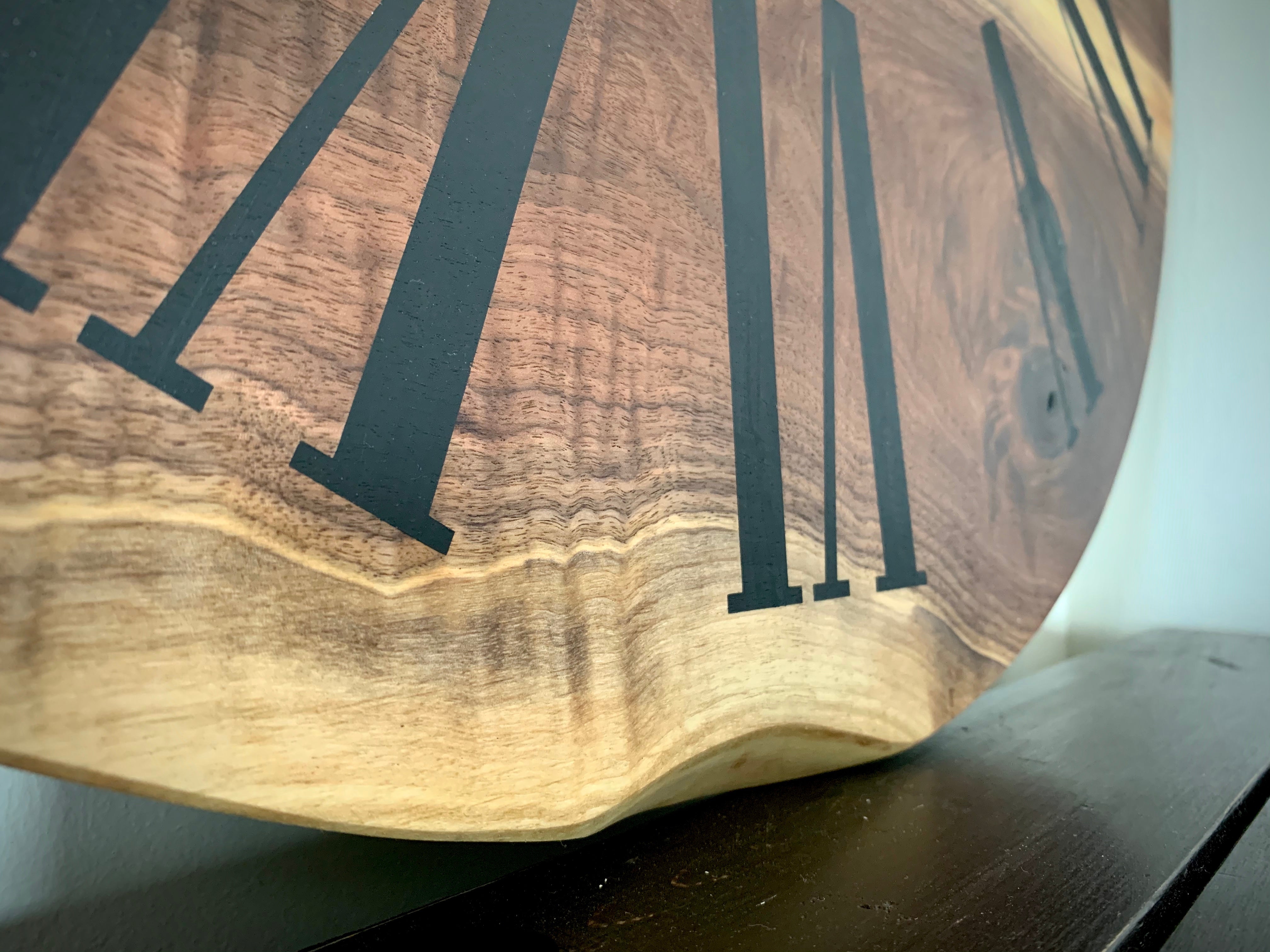 Live Edge Black Walnut Wall Clock with Black Roman Numerals