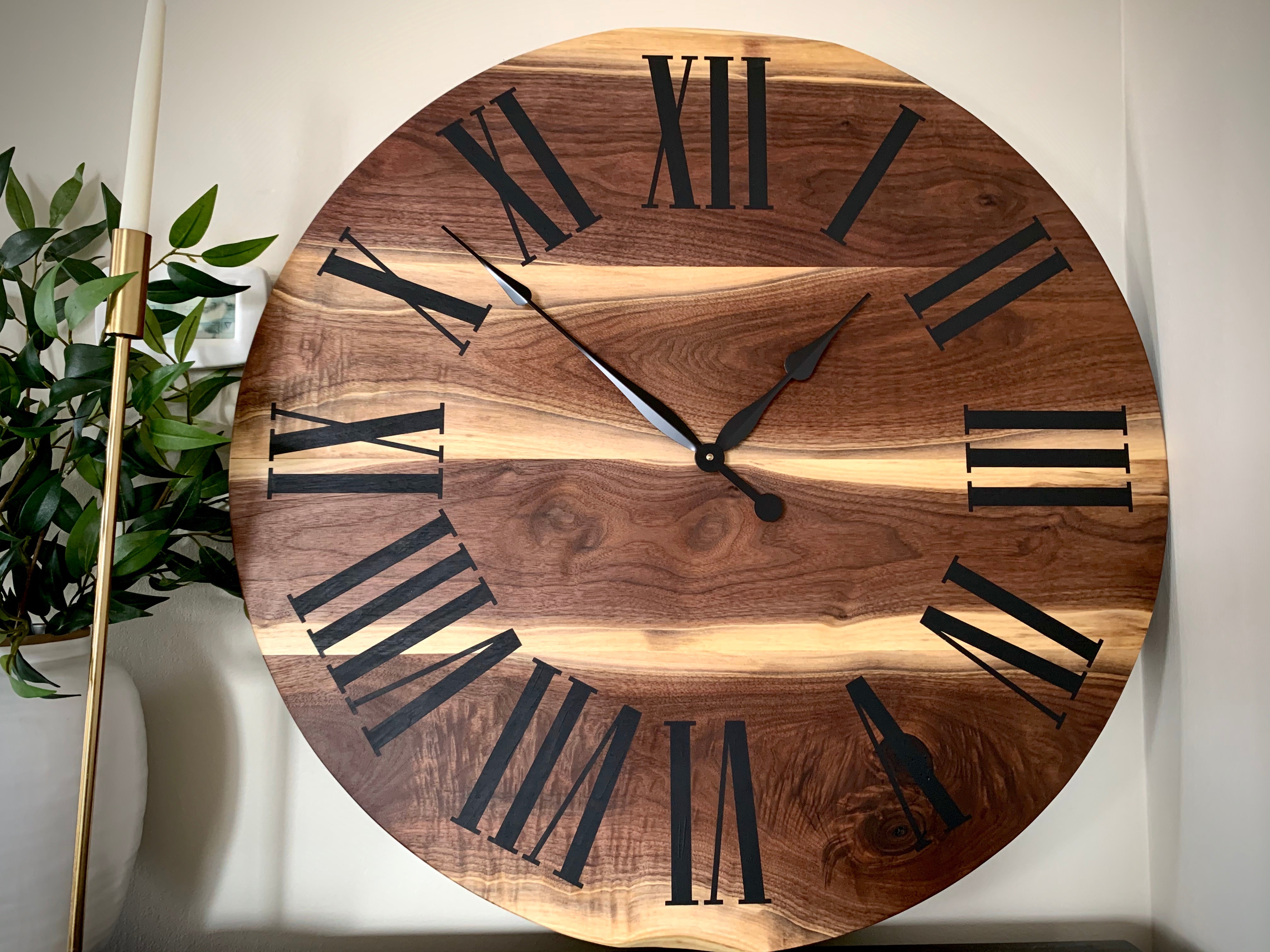 Live Edge Black Walnut Wall Clock with Black Roman Numerals