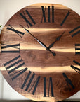 Live Edge Black Walnut Wall Clock with Black Roman Numerals