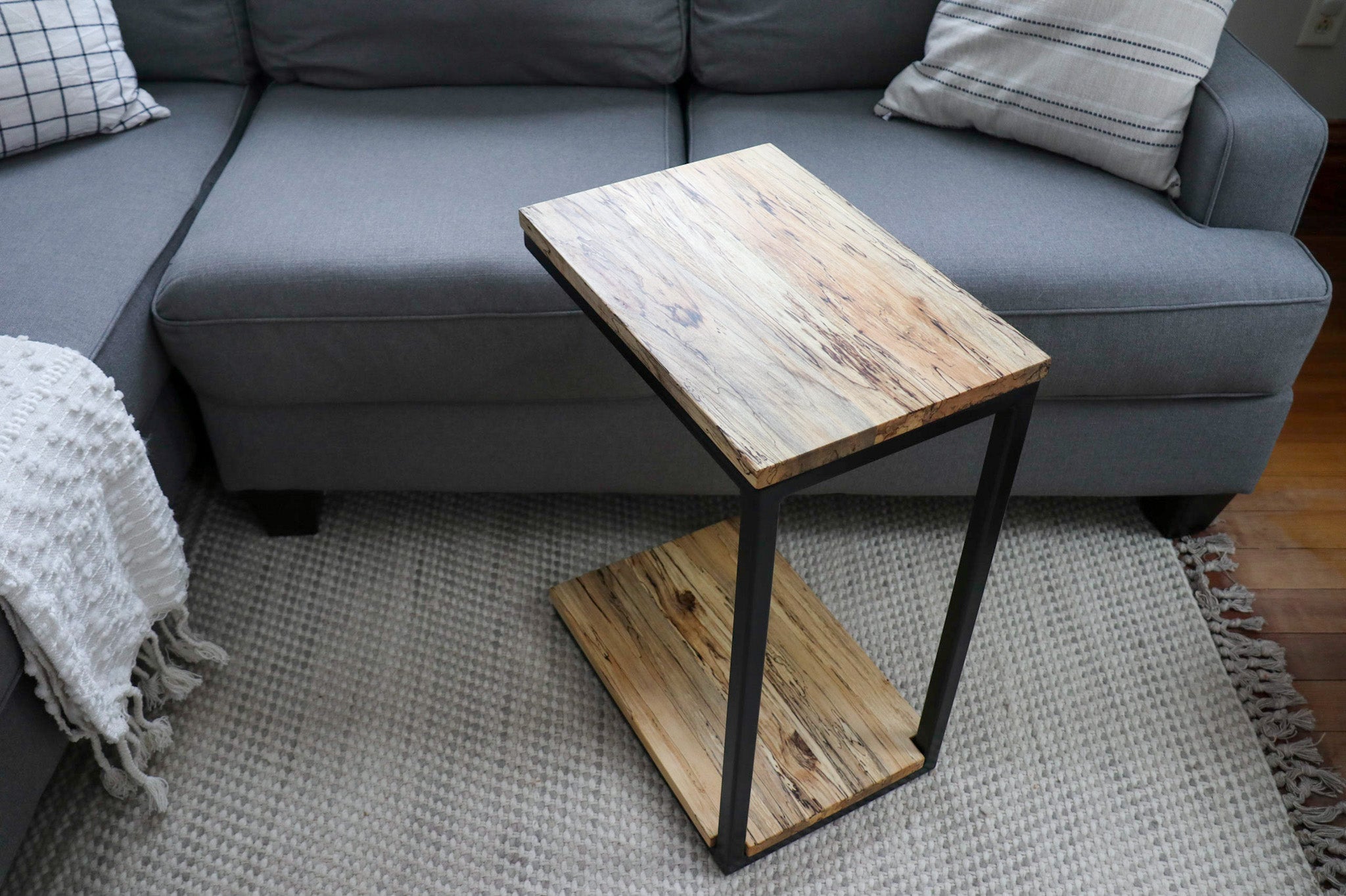 Floor Shelf Spalted Maple Modern C Side Table Handmade Furniture in Iowa, USA