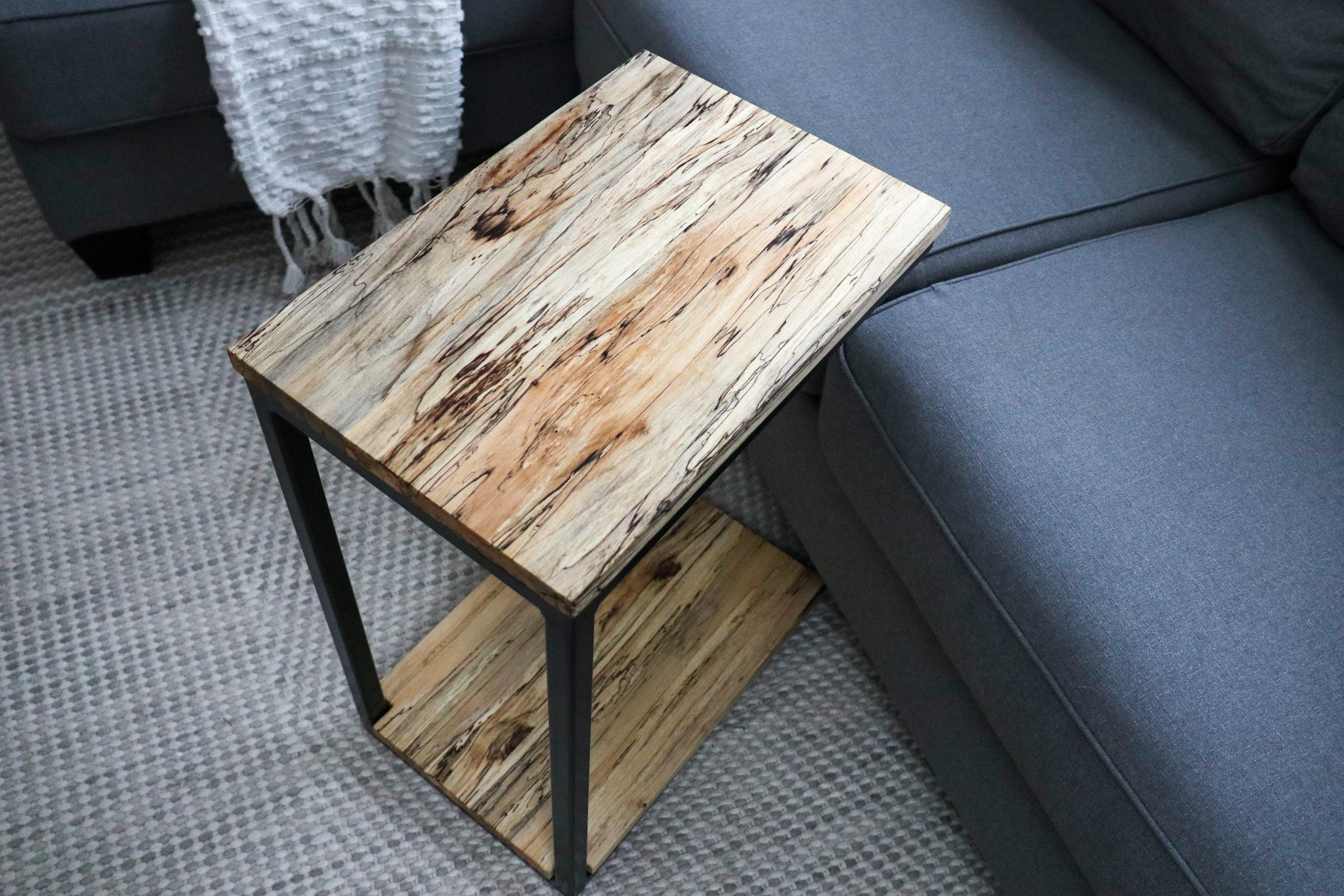 Floor Shelf Spalted Maple Modern C Side Table Handmade Furniture in Iowa, USA