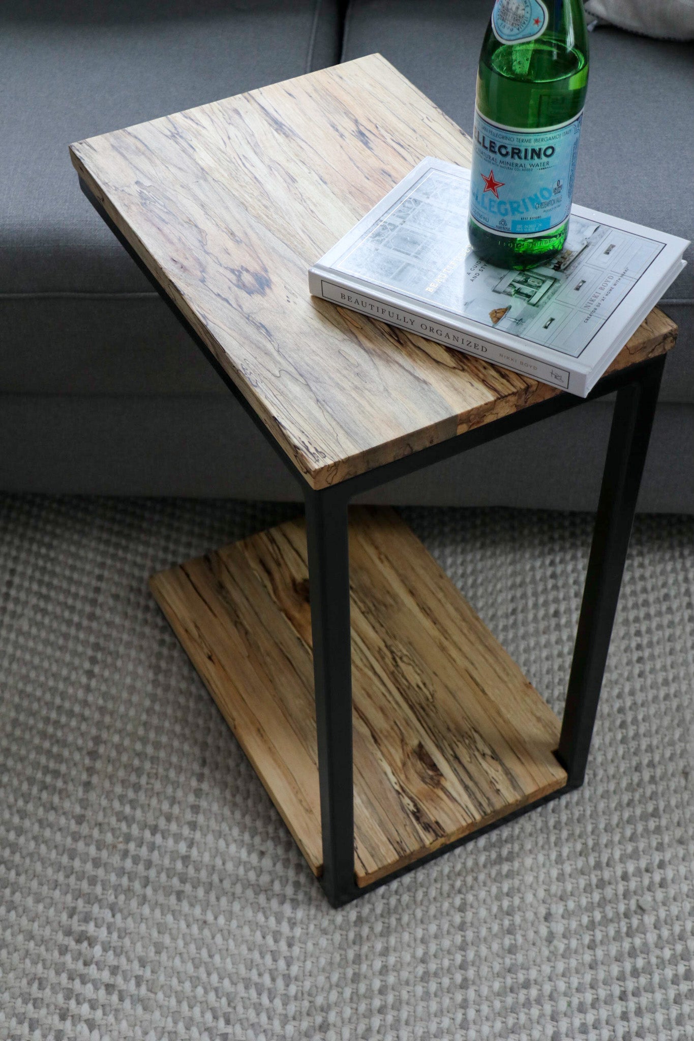 Floor Shelf Spalted Maple Modern C Side Table Handmade Furniture in Iowa, USA