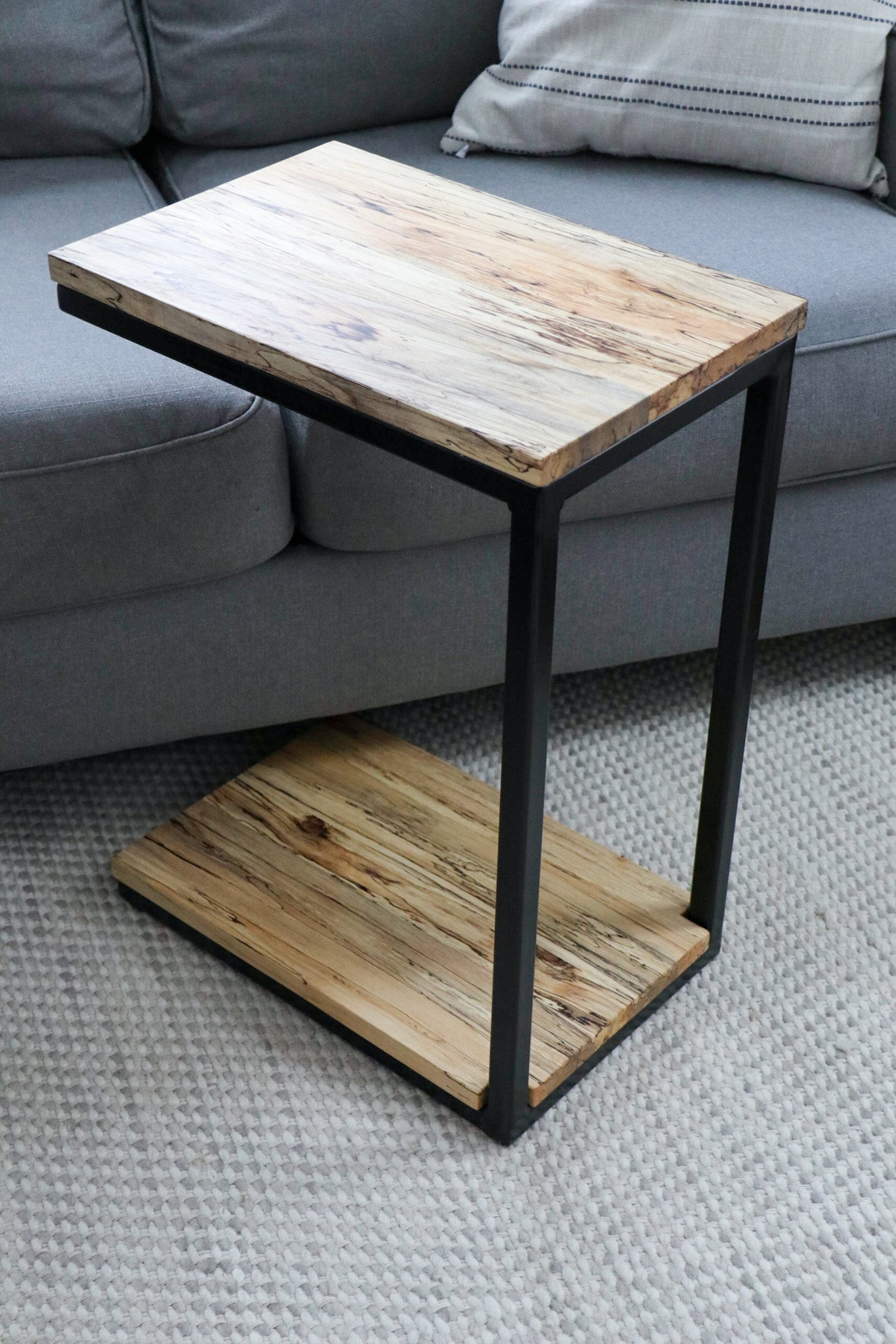 Floor Shelf Spalted Maple Modern C Side Table Handmade Furniture in Iowa, USA