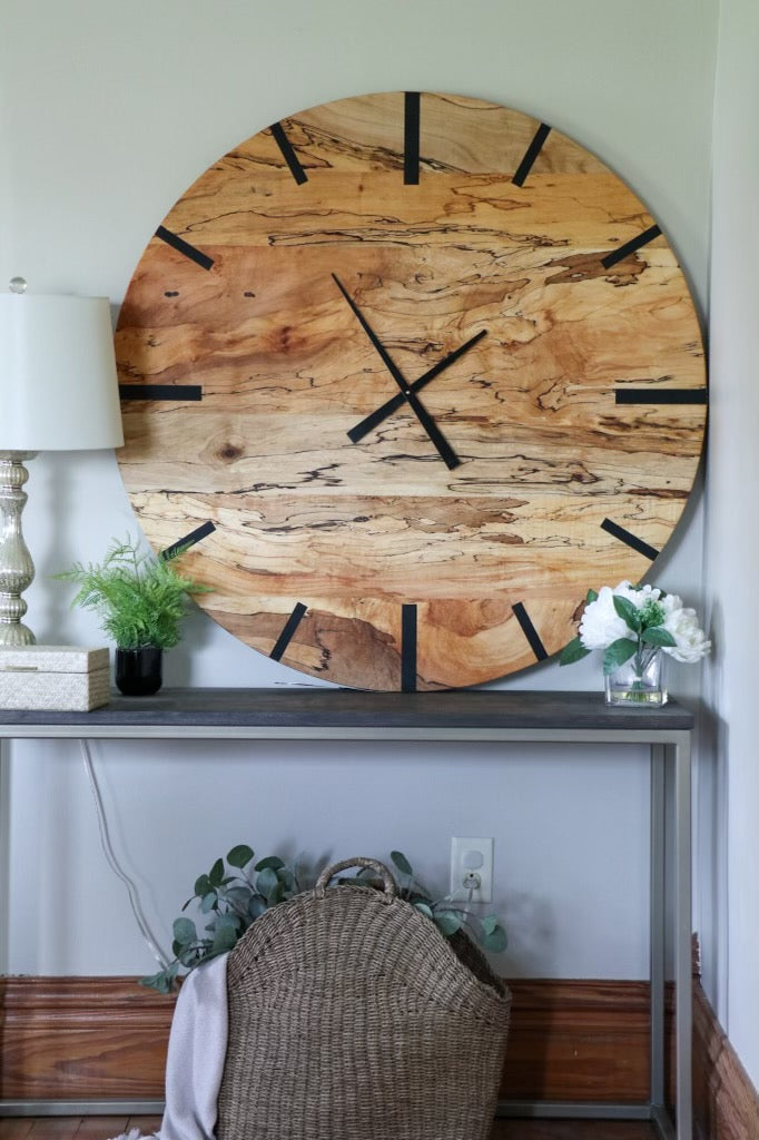 Mid Century Modern Hardwood Spalted Maple Wall Clock with Black Number Lines