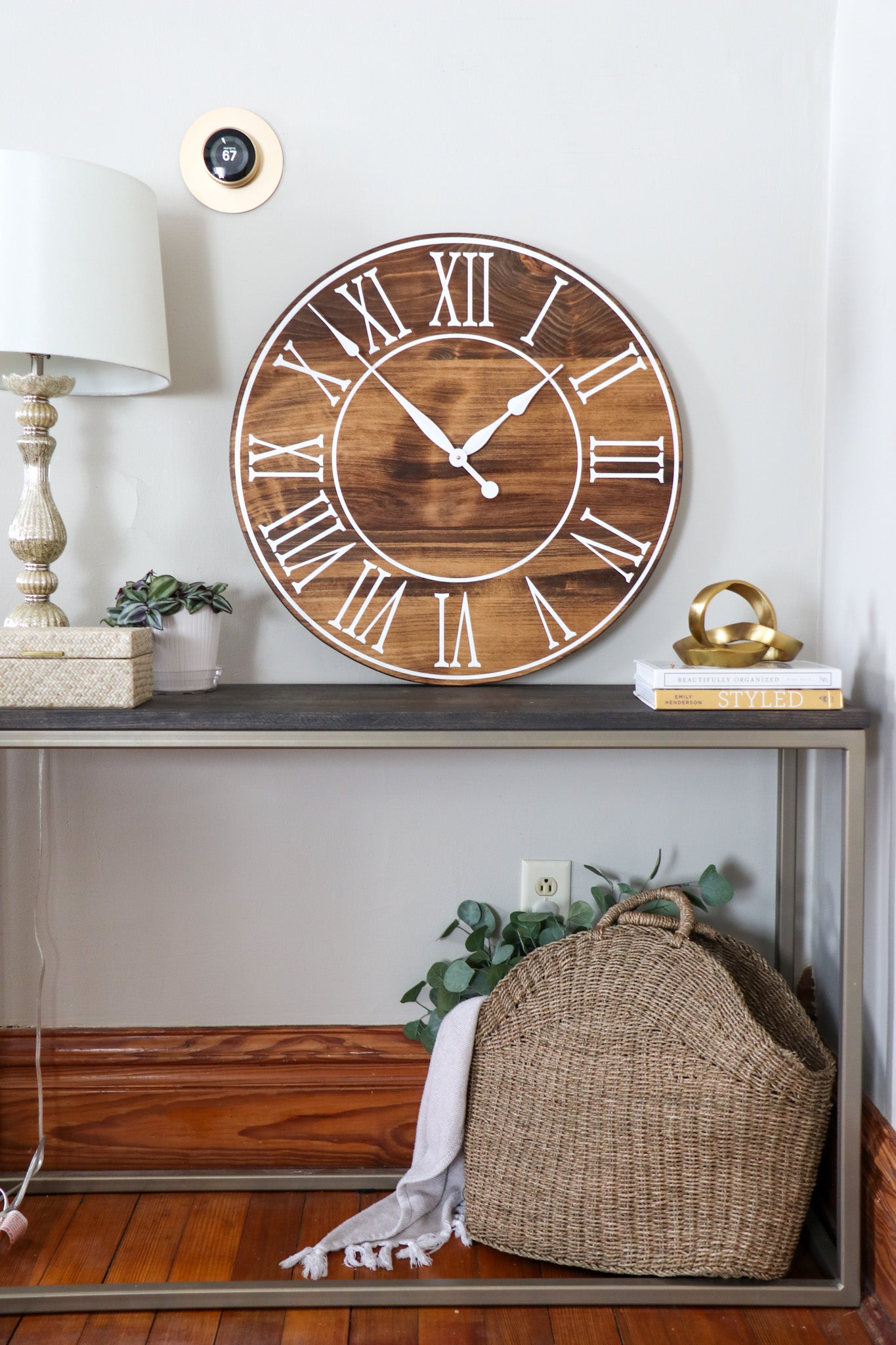 Light Stained Large Farmhouse Wall Clock with White Roman Numerals & Lines