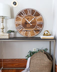 Light Stained Large Farmhouse Wall Clock with White Roman Numerals & Lines