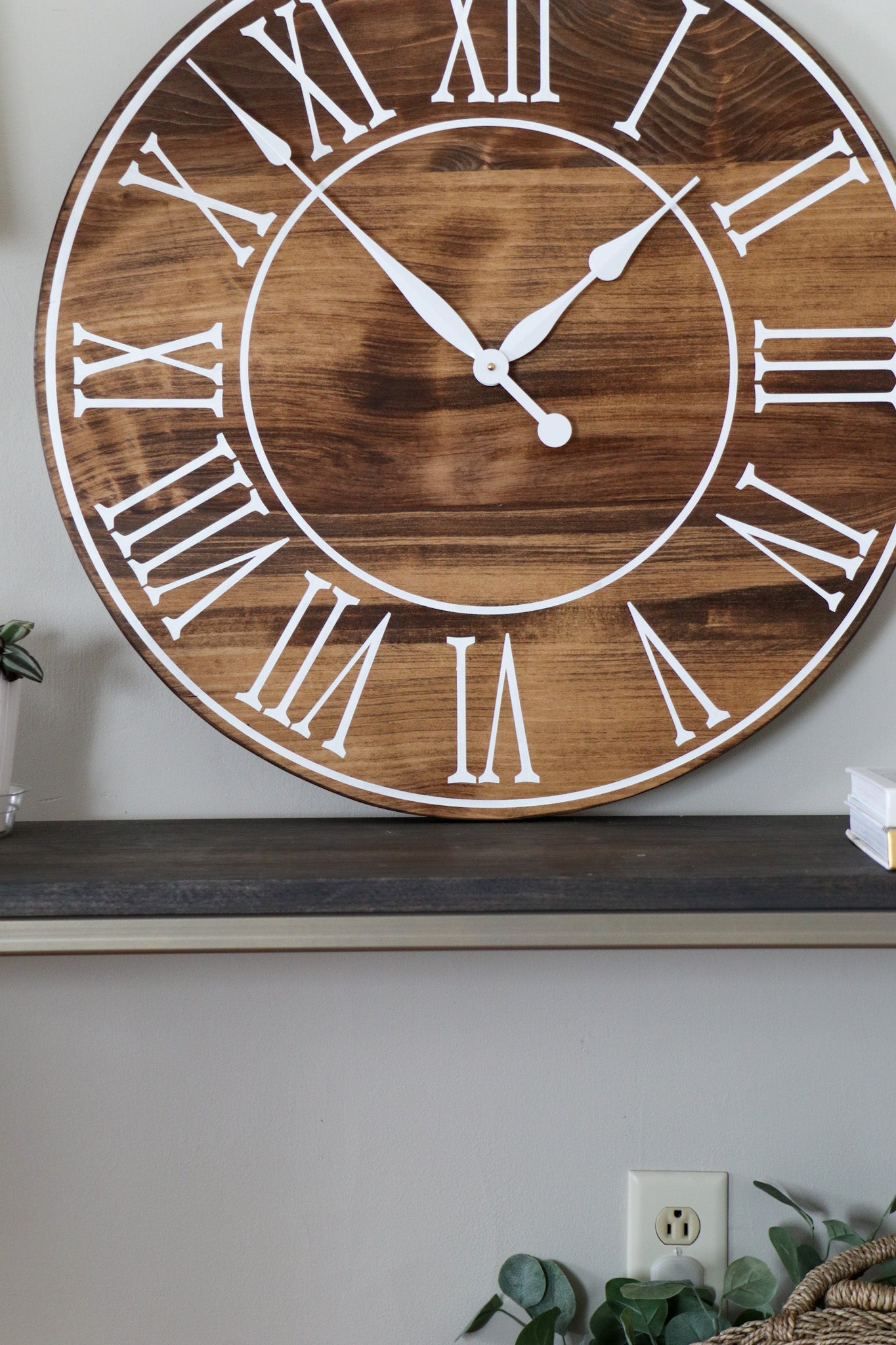 Light Stained Large Farmhouse Wall Clock with White Roman Numerals & Lines