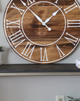 Light Stained Large Farmhouse Wall Clock with White Roman Numerals & Lines