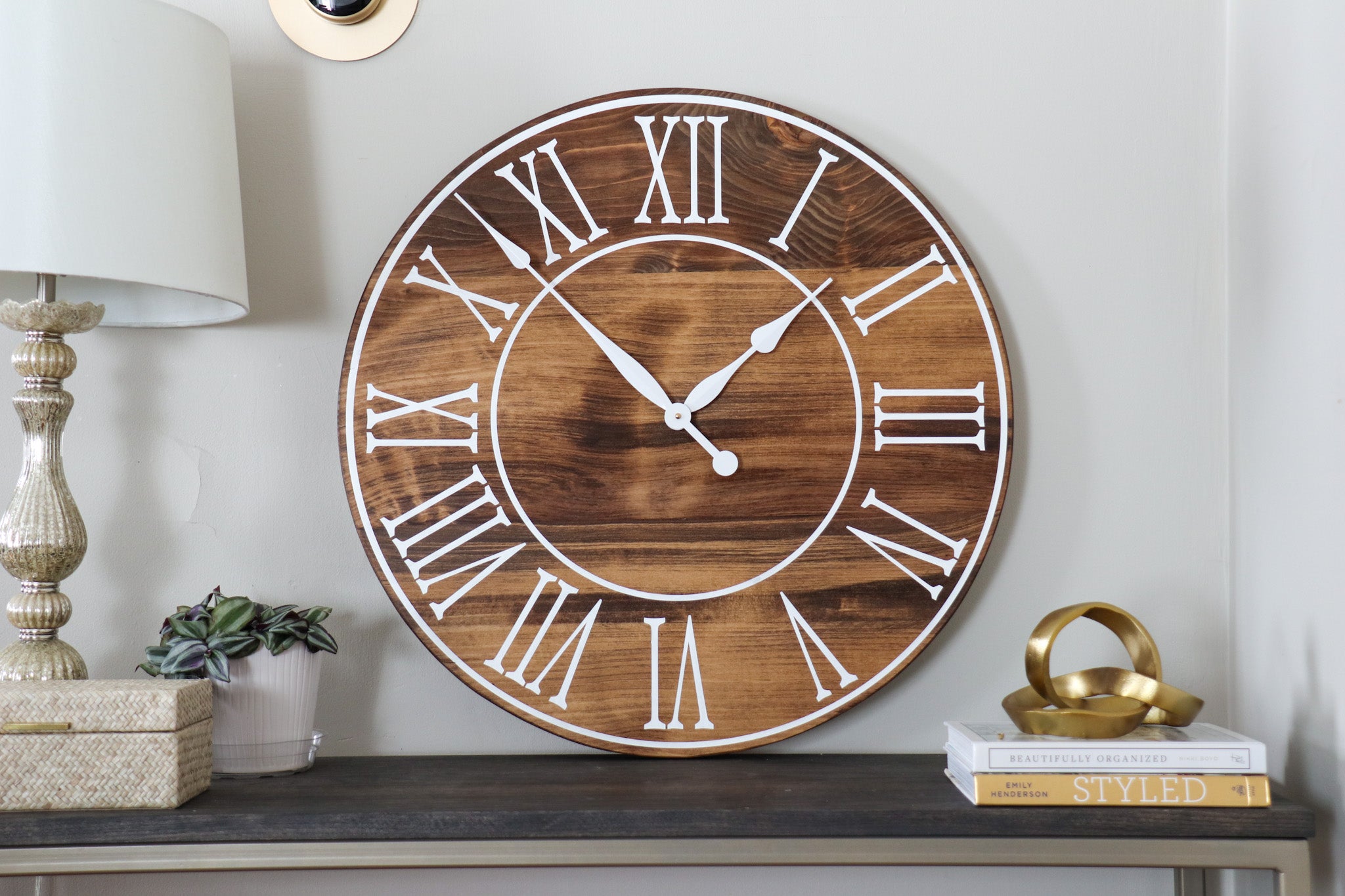 Light Stained Large Farmhouse Wall Clock with White Roman Numerals & Lines