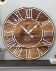 Light Stained Large Farmhouse Wall Clock with White Roman Numerals & Lines