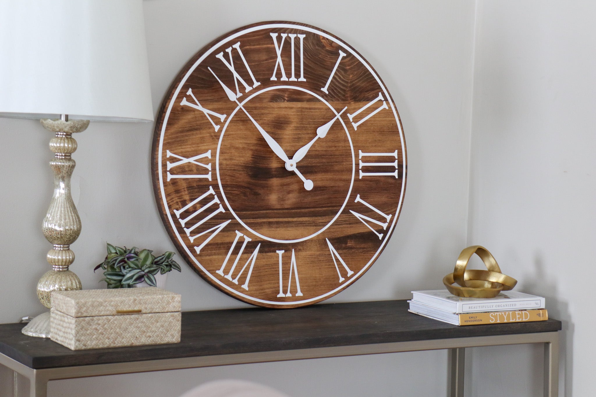 Light Stained Large Farmhouse Wall Clock with White Roman Numerals &amp; Lines