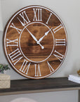 Light Stained Large Farmhouse Wall Clock with White Roman Numerals & Lines