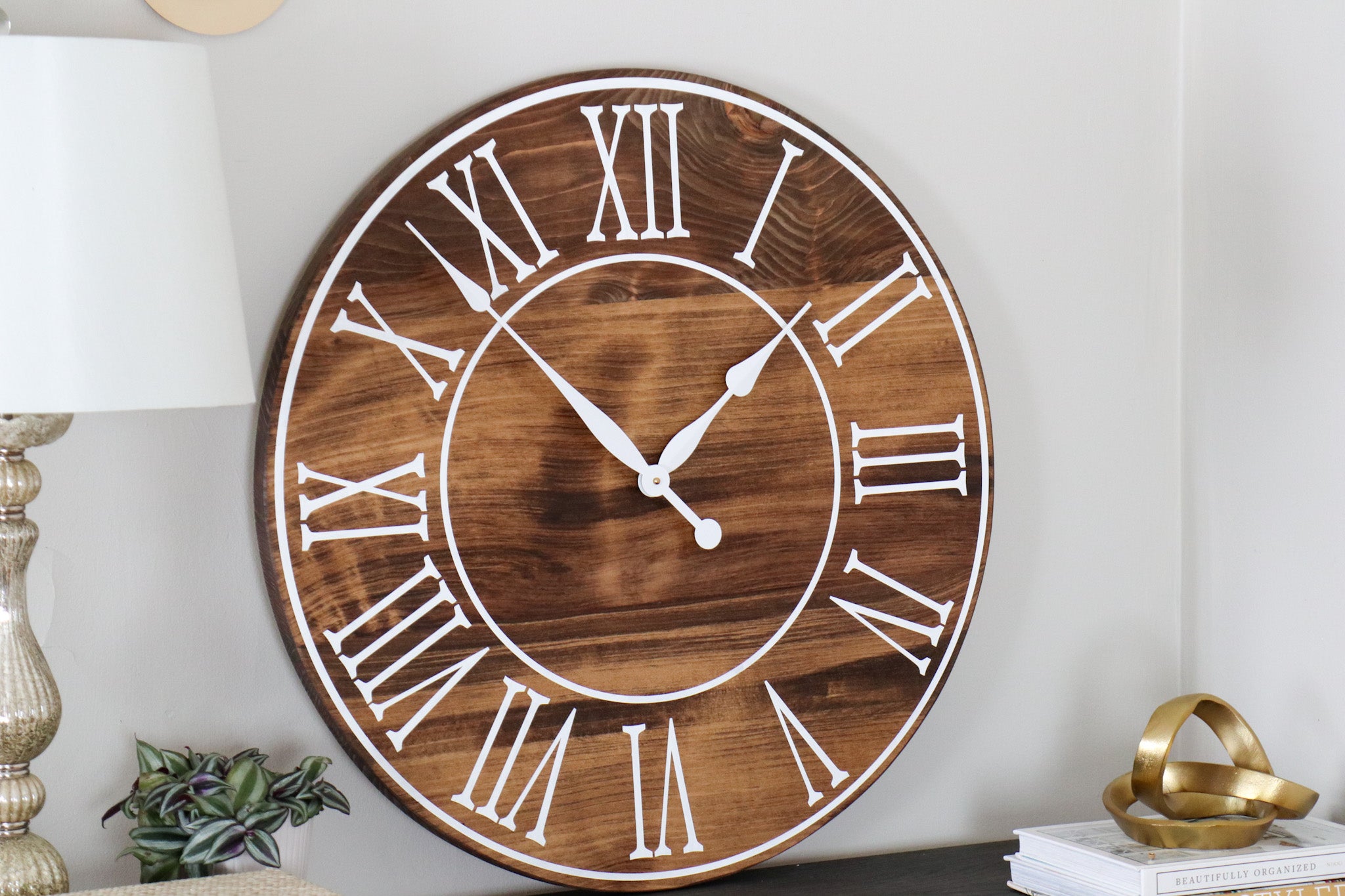 Light Stained Large Farmhouse Wall Clock with White Roman Numerals & Lines