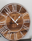 Light Stained Large Farmhouse Wall Clock with White Roman Numerals & Lines