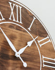 Light Stained Large Farmhouse Wall Clock with White Roman Numerals & Lines