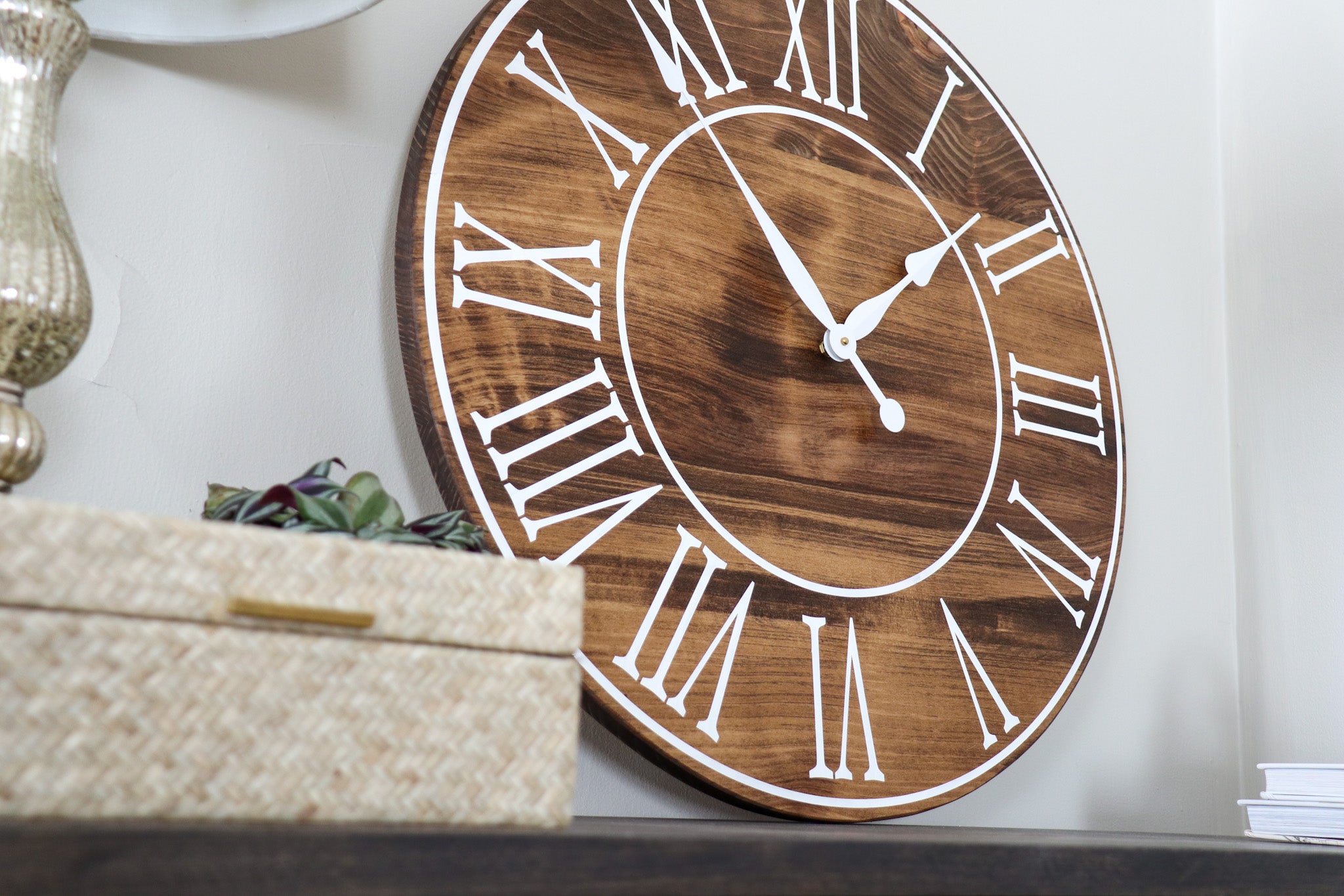 Light Stained Large Farmhouse Wall Clock with White Roman Numerals &amp; Lines