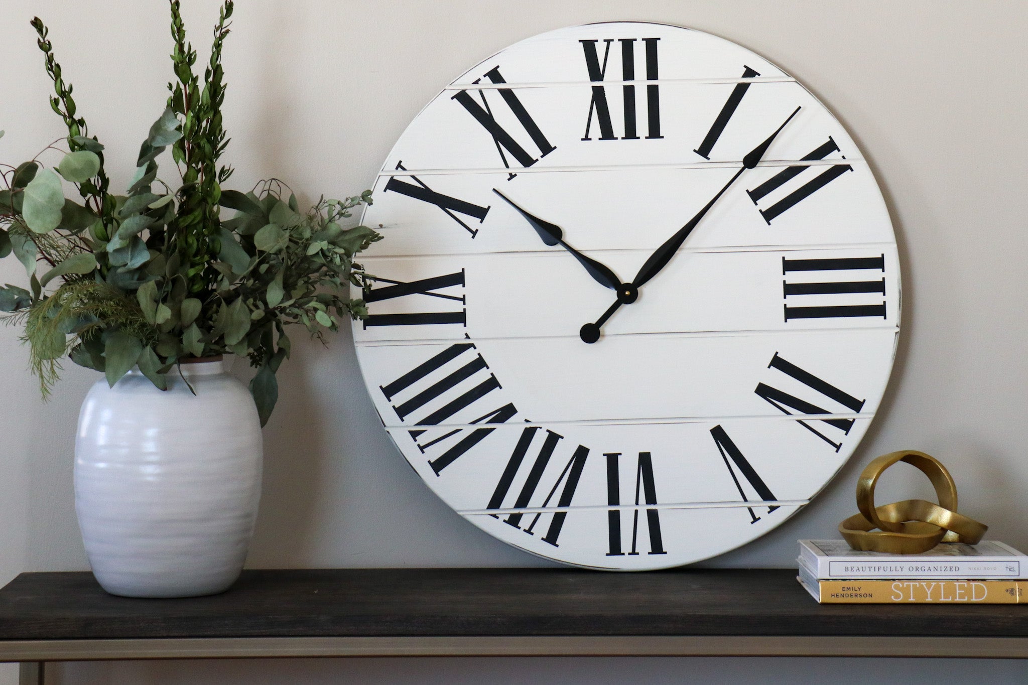 Simple 30" Farmhouse Style Large White Distressed Wall Clock with Black Roman Numerals (in stock)
