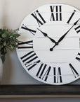 Simple 30" Farmhouse Style Large White Distressed Wall Clock with Black Roman Numerals (in stock)