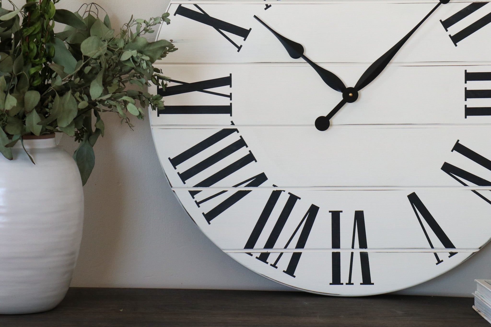 Simple 30&quot; Farmhouse Style Large White Distressed Wall Clock with Black Roman Numerals (in stock)