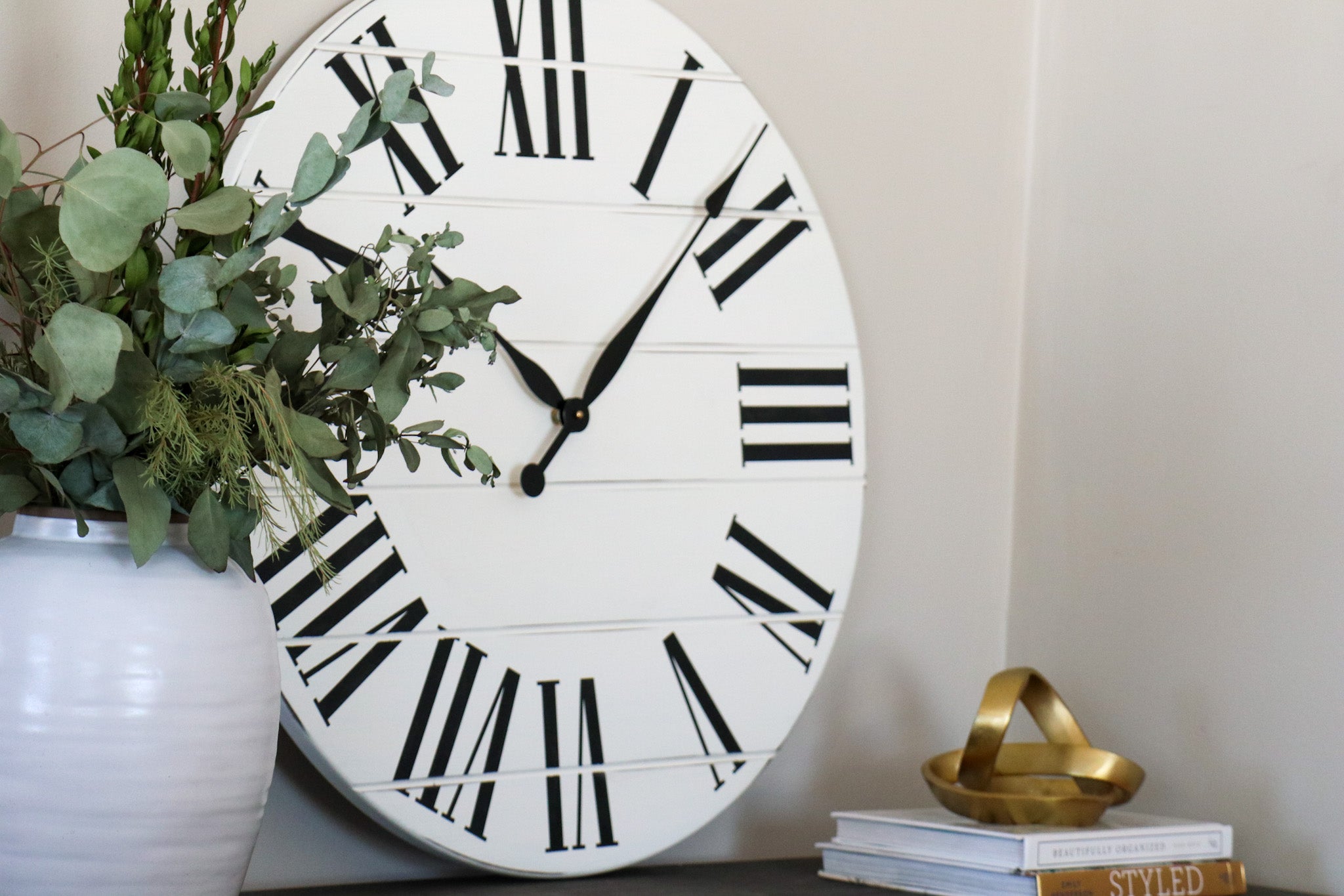 Simple 30" Farmhouse Style Large White Distressed Wall Clock with Black Roman Numerals (in stock)